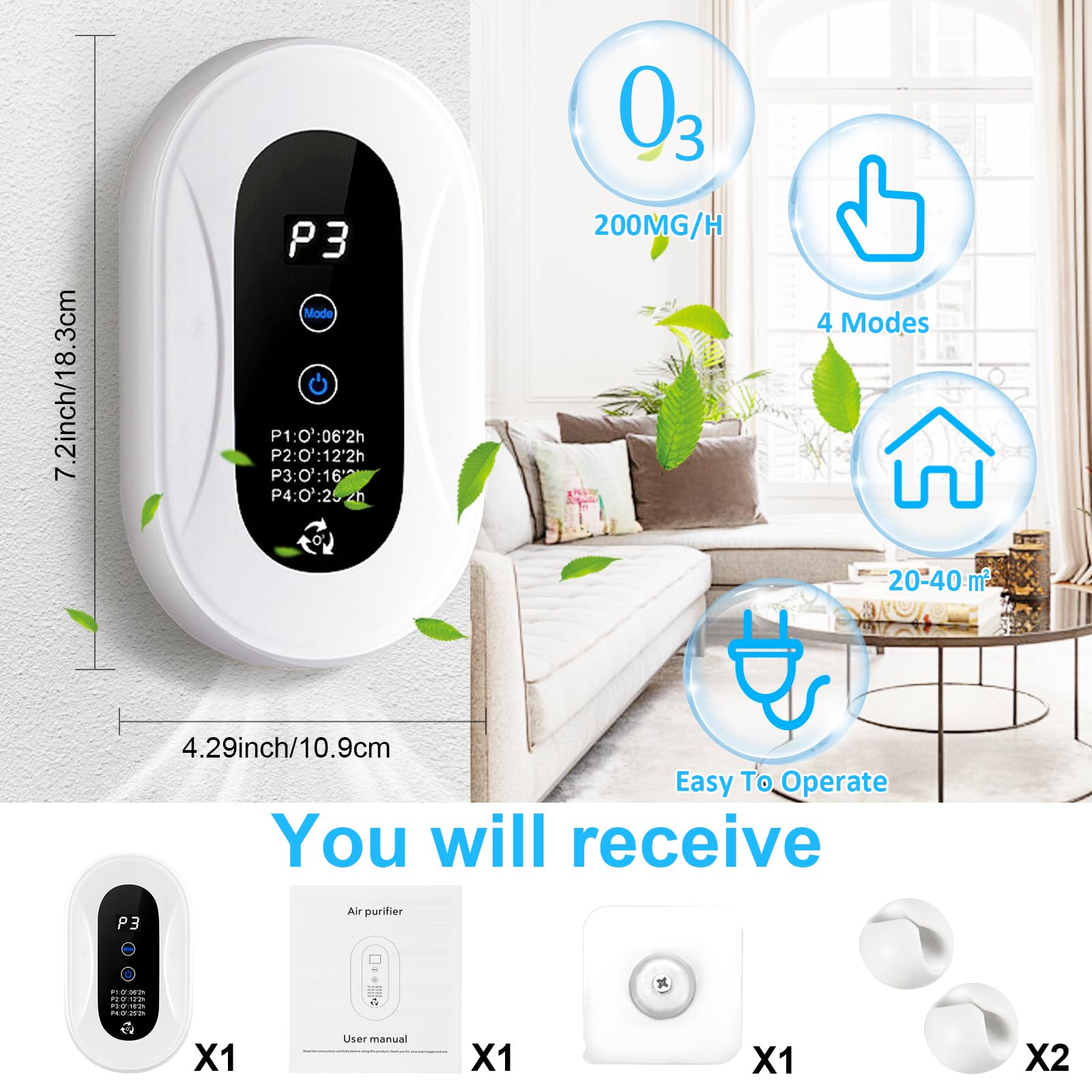 Generador de Ozono Purificador de Aire,Air Purifier con Iones Negativos,Inicio Desodorizando Esterilizador de Ozono Para BañO,con Casa Nueva,con Organizador de Cables,Blanco
