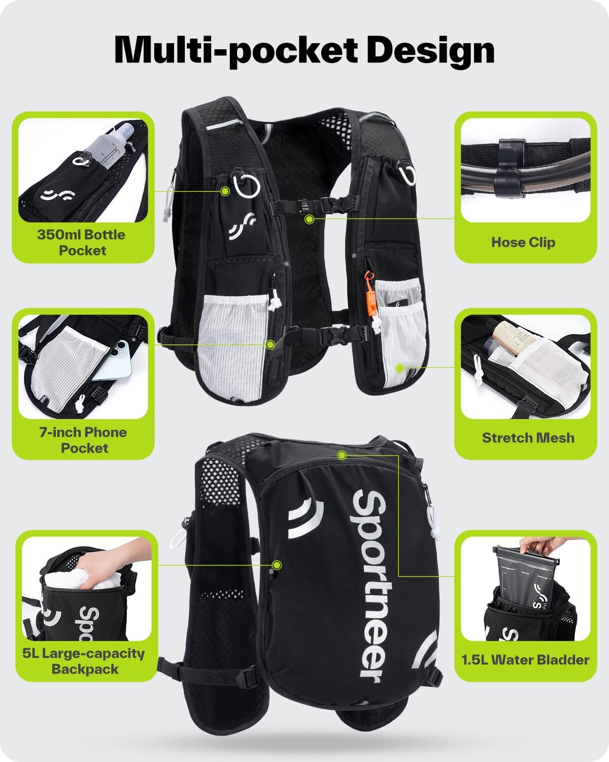Sportneer Hydration Backpack: Running Vest with 1.5L Water Bladder & Reflective Strips - Lightweight Hydration Vest Backpack for Running Hiking Biking Cycling for Women Men - Image 5