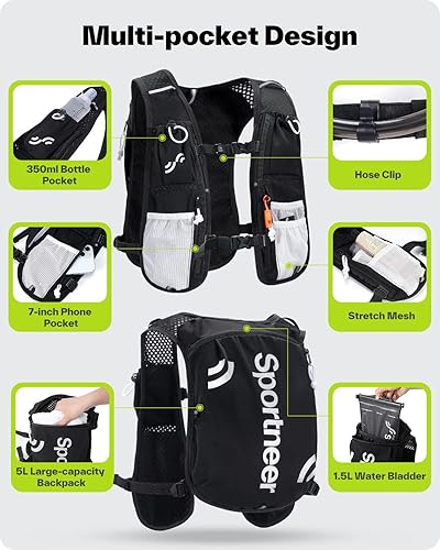 Miniatura 5 de Sportneer Mochila de hidratación chaleco para correr con vejiga de agua de 1.5 L y tiras reflectantes, chaleco de hidratación ligero para correr,