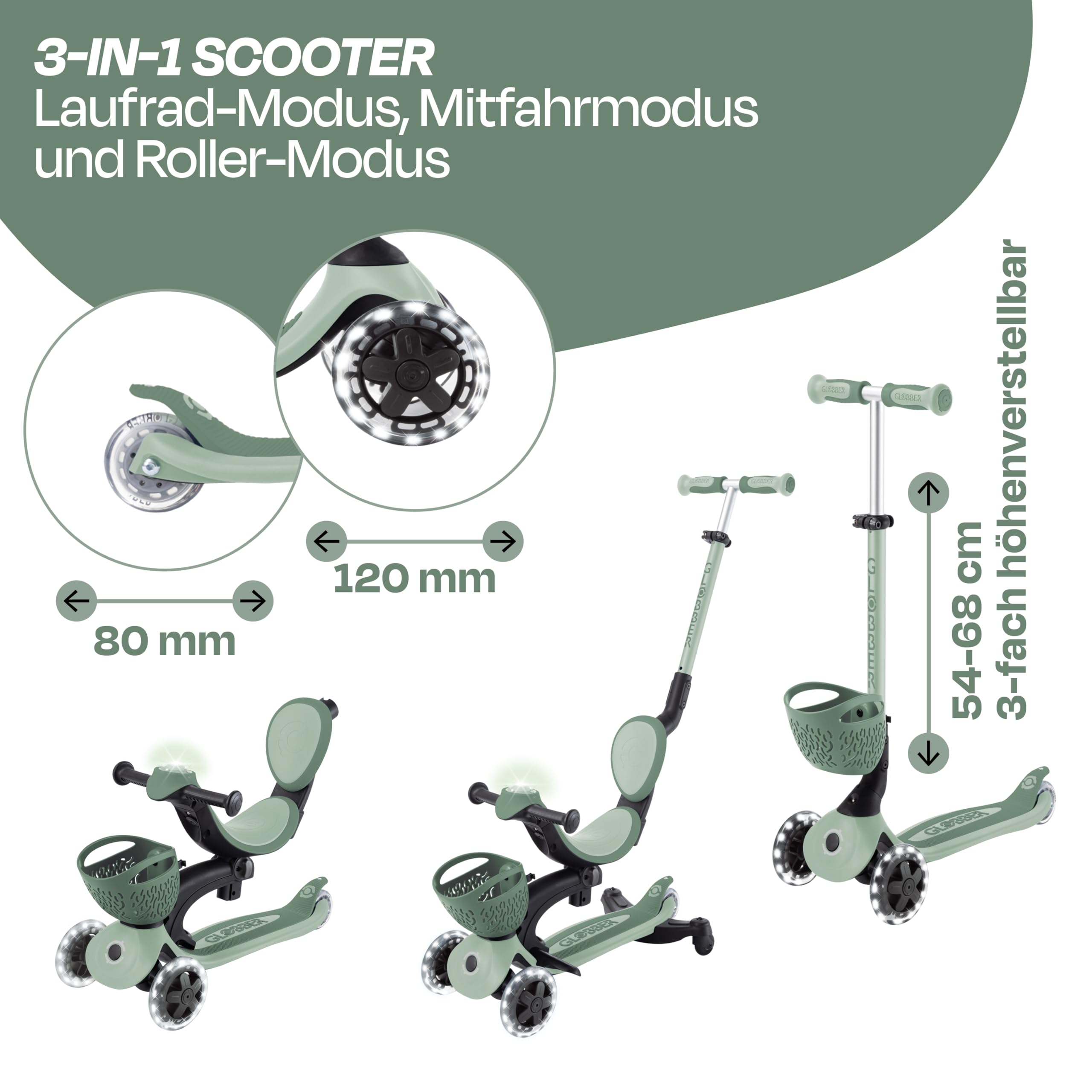 GLOBBER GO-UP Baby Lights 360° – Tretroller, Dreirad und Laufrad für Kinder – höhenverstellbares Kinderfahrzeug – 3rädrig bis 9 Jahre – Bunte LED-Leuchtrollen