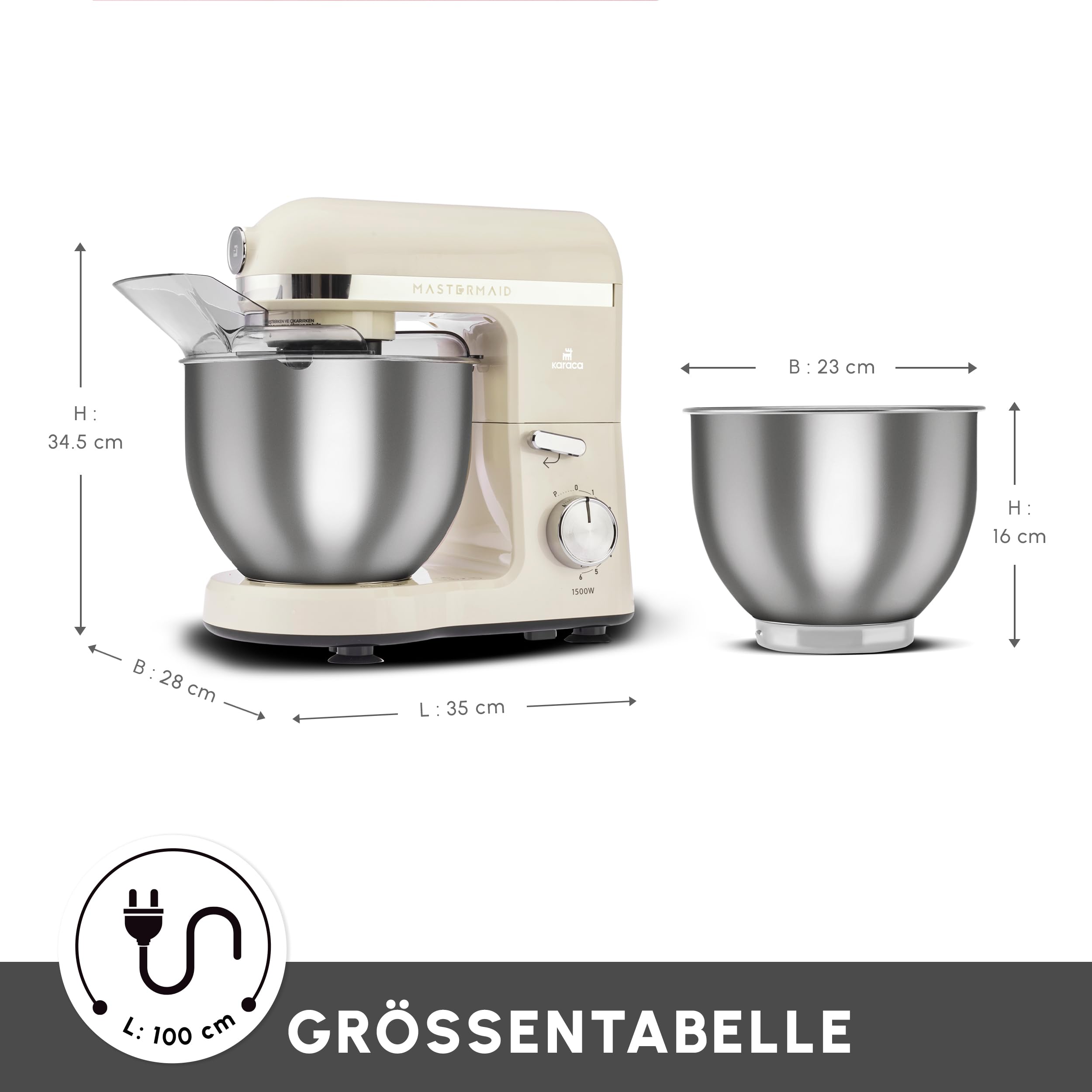 Karaca Mastermaid Chef Pro Cocina doble armado 1500W Iconic Beige brillante, 1500W, mezclador de 5 l, procesador de alimentos, ajuste de velocidad, gancho amasador, batidor, amasado y mezcla