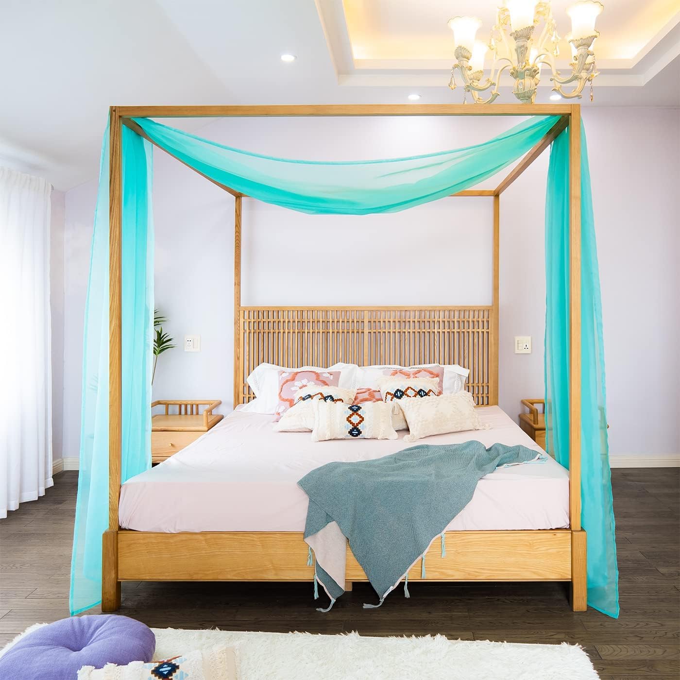 Novacentix Turquoise Canopy Bed Curtain For King California King Size Bed Scarf Sheer Valance Curtain Bed Canopy Curtain 132 X 650 Cm / 52 × 256 In (1 Piece)