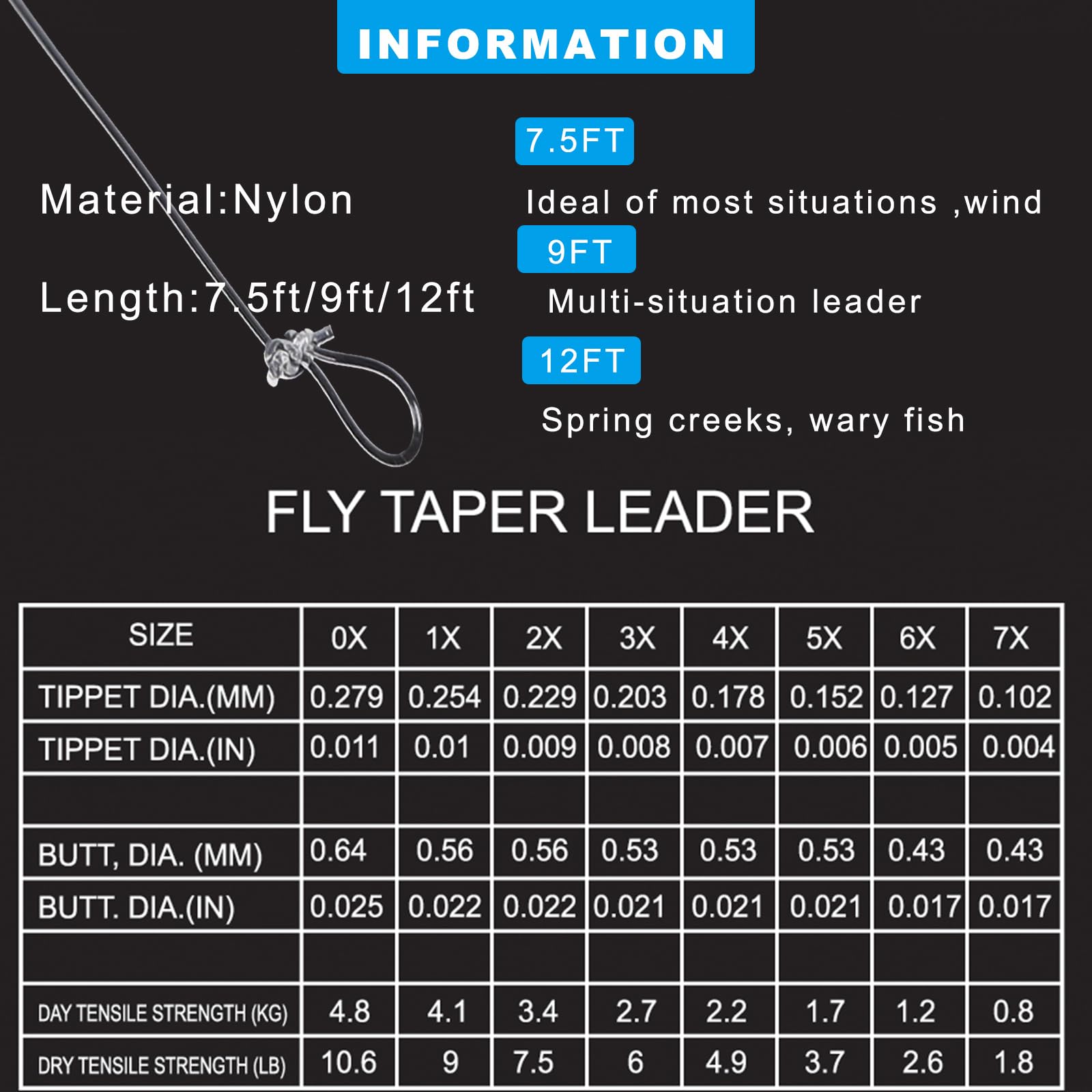 Raprance 9FT Nylon Clear Fly Leader, 5X, Pre-Tied Loop, Tapered, 6 Pack, Transparent, 9ft-6 pack - Image 2