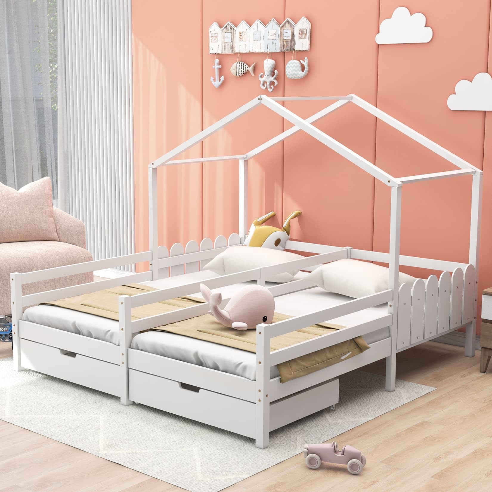 PUGSDRLY Lit Double Cabane Enfants avec Rangement 2 Tiroirs à roulettes,Barrières Hautes,Lit Cabane Enfants 90x200 cm avec Sommier à Lattes,pour Garçons Filles,Blanc (E)