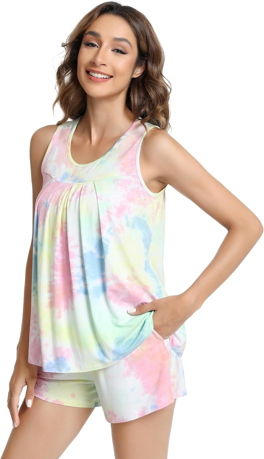 NACHILA Pajamas for Women-Viscose from Bamboo, Ribbed Racerback Tank Top Sexy Split Shorts Pajama Sets Cooling Sleep Cami Pjs