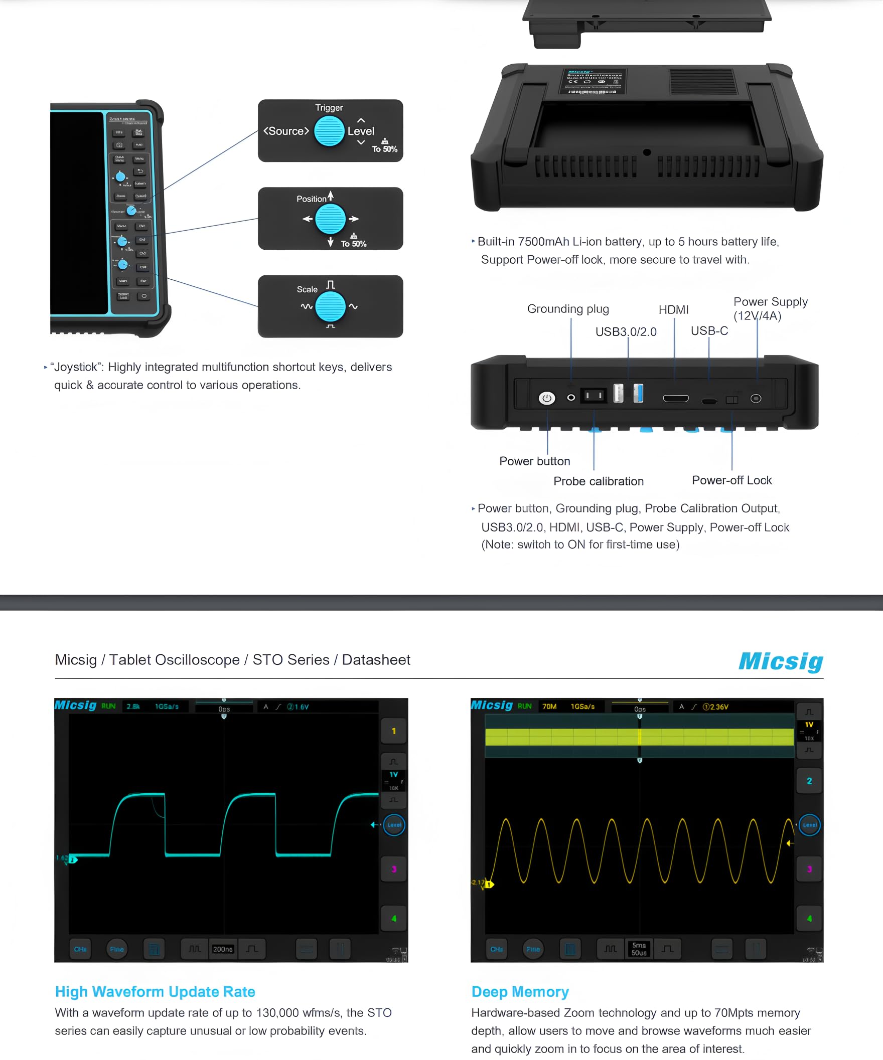 Oscilloscope tabletta Micsig Schermo touch Oscilloscope Banda passante 100MHz Frequenza di campionamento 1GSa/s Profondità di memoria 70Mpts(STO1004 Kit Custodia rigida)