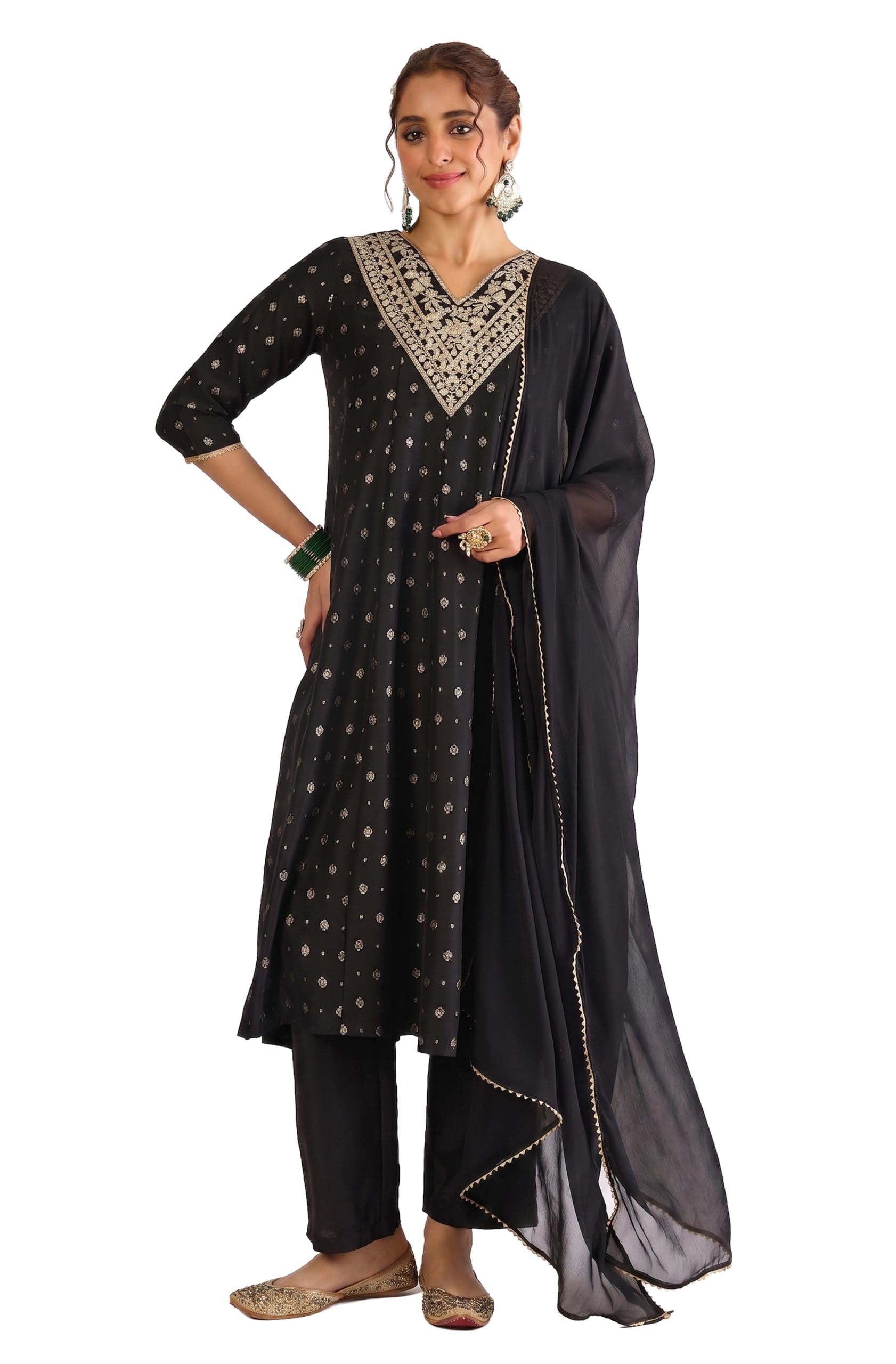 Women's Black Silk Blend Zari Yoke Embroidered Gold Foil Printed Anarkali Kurta Set-image-36