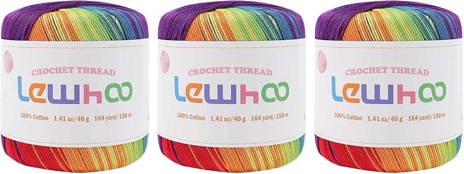 Crochet Thread Size 3, 3 Pack 100% Cotton Lace Yarn Set, 40g Balls Yarn for Hand Knitting Rainbow