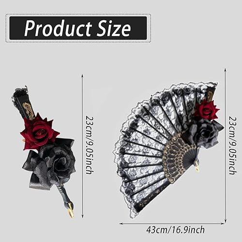 Miniatura 3 de Ceoyiler Abanico de encaje negro para Halloween, color rosa, de mano, retro, español, plegable, para mujeres y niñas, fiesta de Halloween, cosplay,