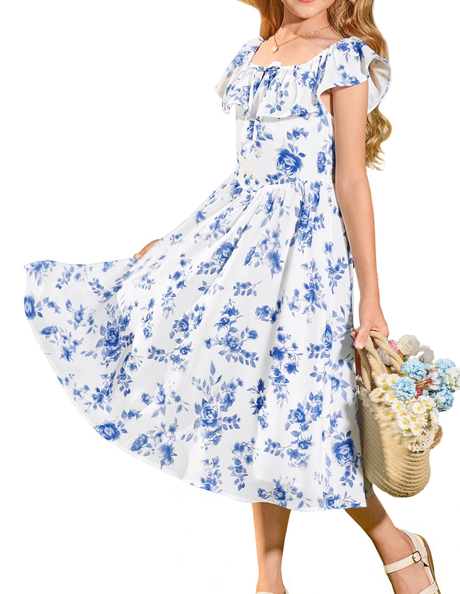 GRACE KARIN Mädchen Sommer Kleid A-Linie Blumenmuster Rüschenkragen Prinzessinkleid mit Schleife