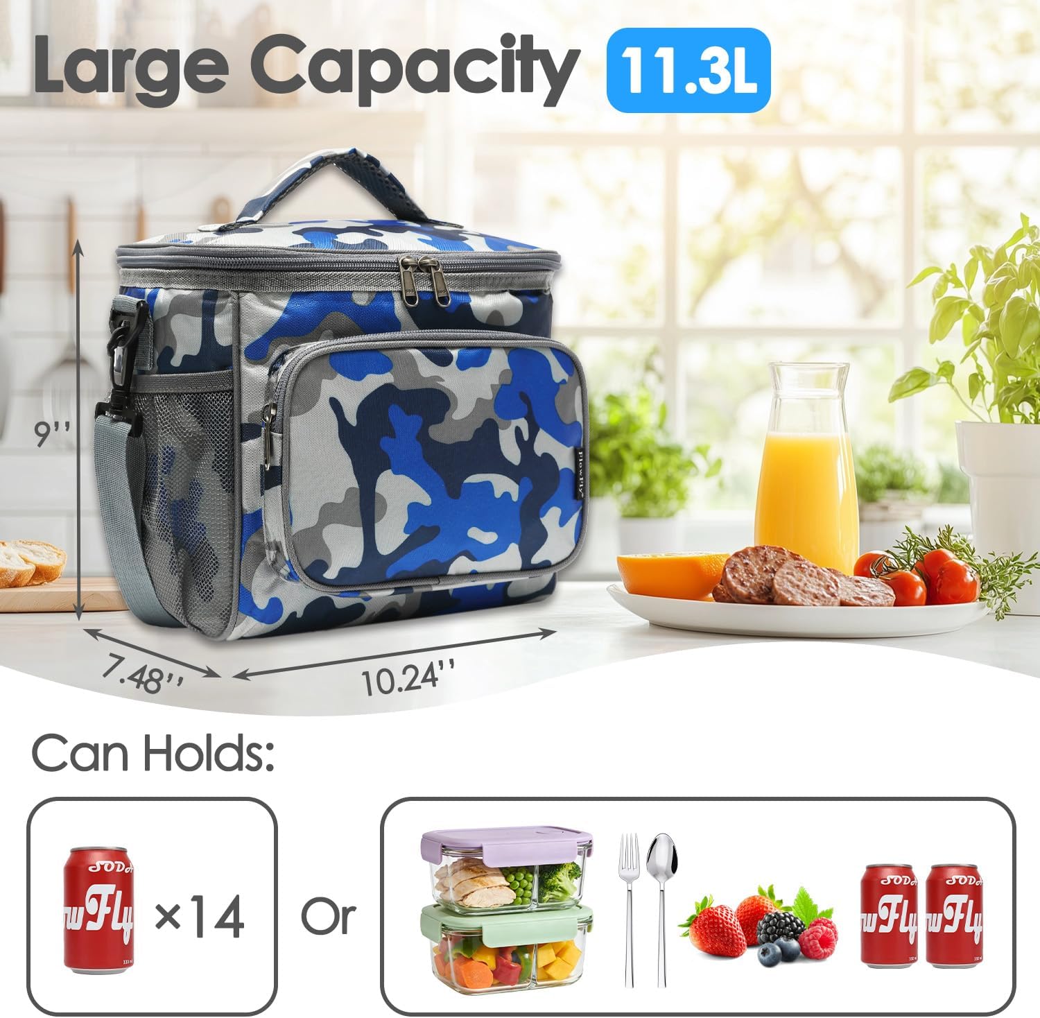 FlowFly Insulated Reusable Lunch Bag Adult Large Lunch Box for Women and Men with Adjustable Shoulder Strap,Front Zipper Pocket and Dual Large Mesh Side Pockets,BlueCamo image 4