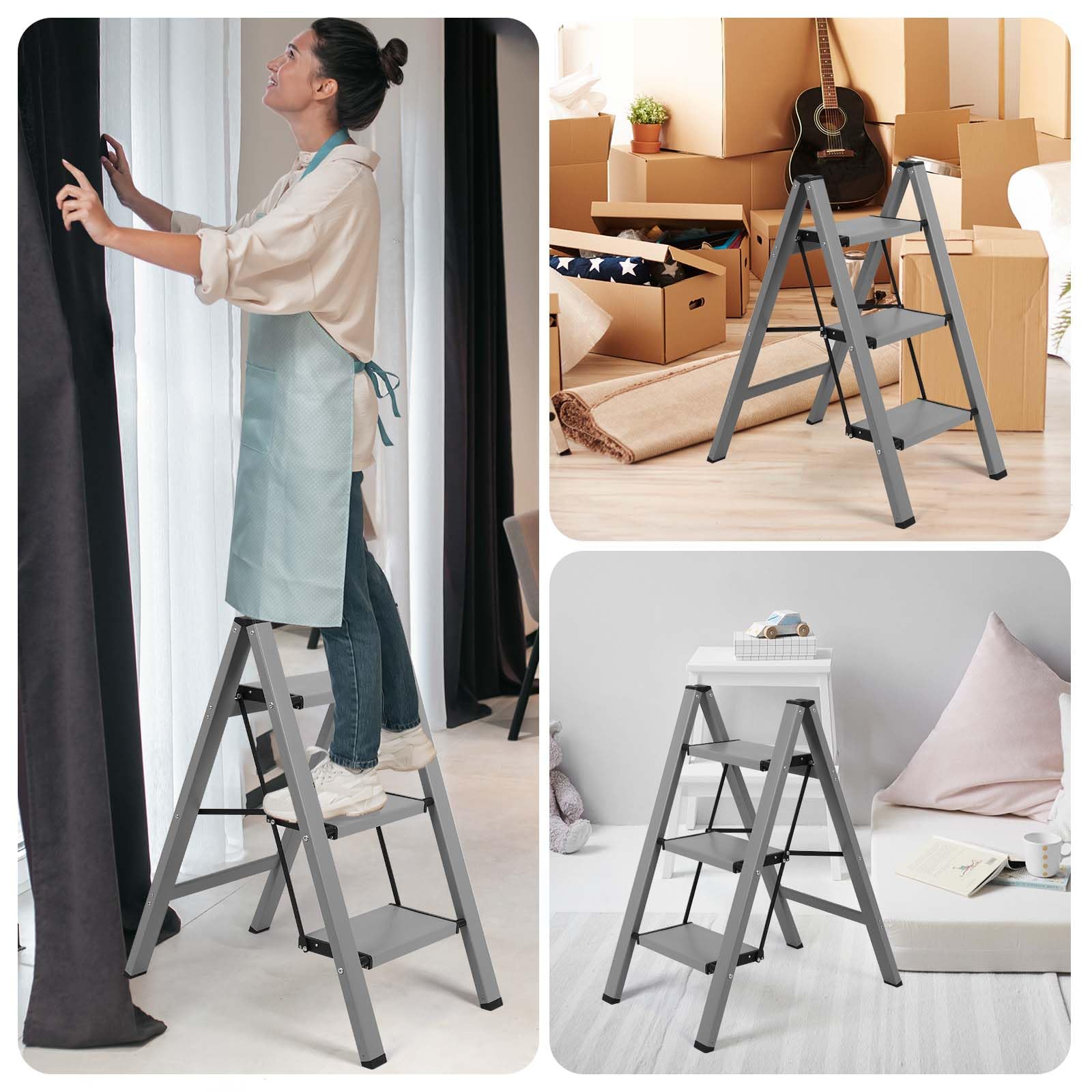 BOWEITI Scala a pioli, scaletta pieghevole, in alluminio leggero, portatile, con pedale antiscivolo, fino a 330 Lbs (grigio 3 step)