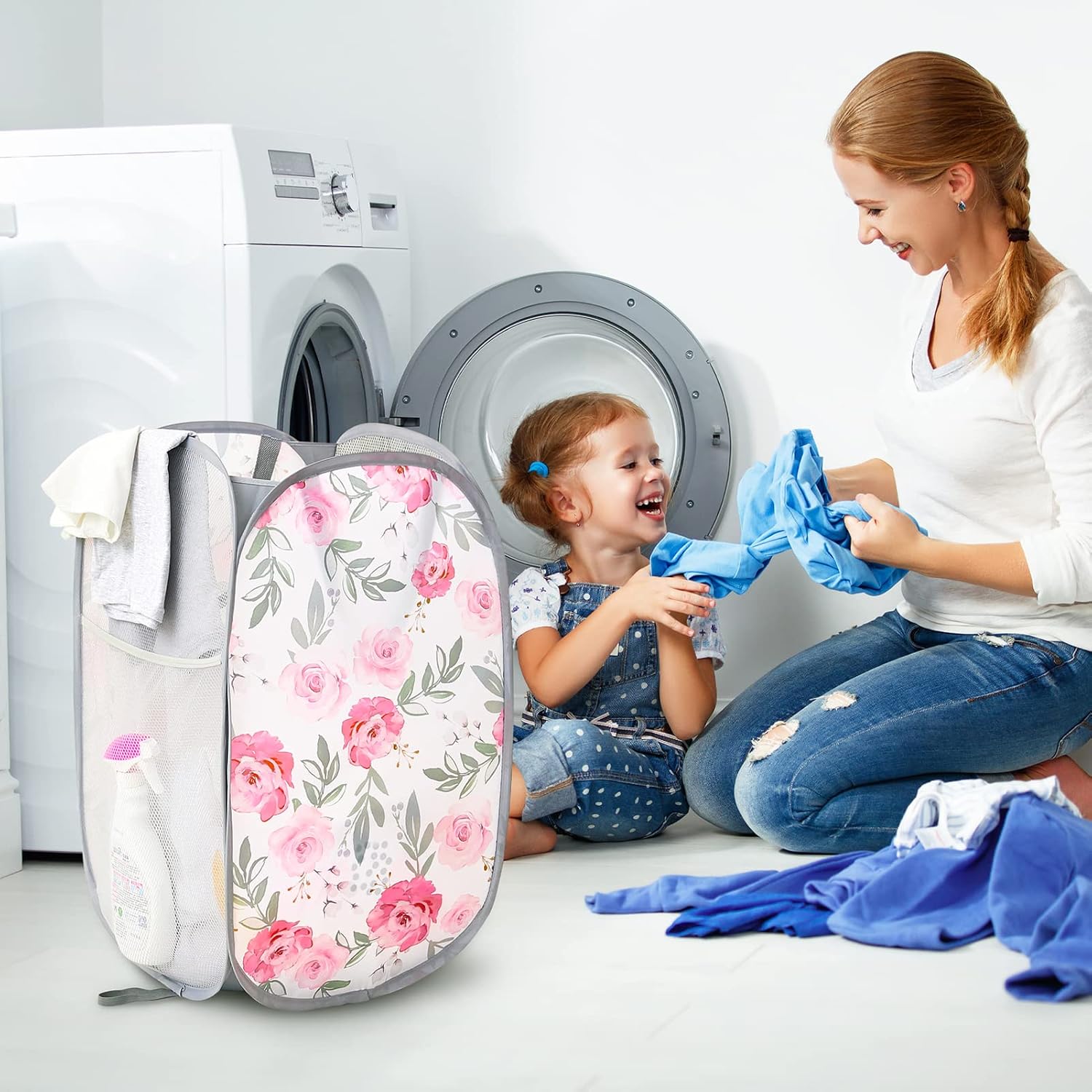 Basumee Kids Laundry Hamper Collapsible Laundry Baskets Pop Up Hamper Mesh Dirty Clothes Laundry Basket Foldable Hampers with Side Pocket for Nursery Room, White Flower