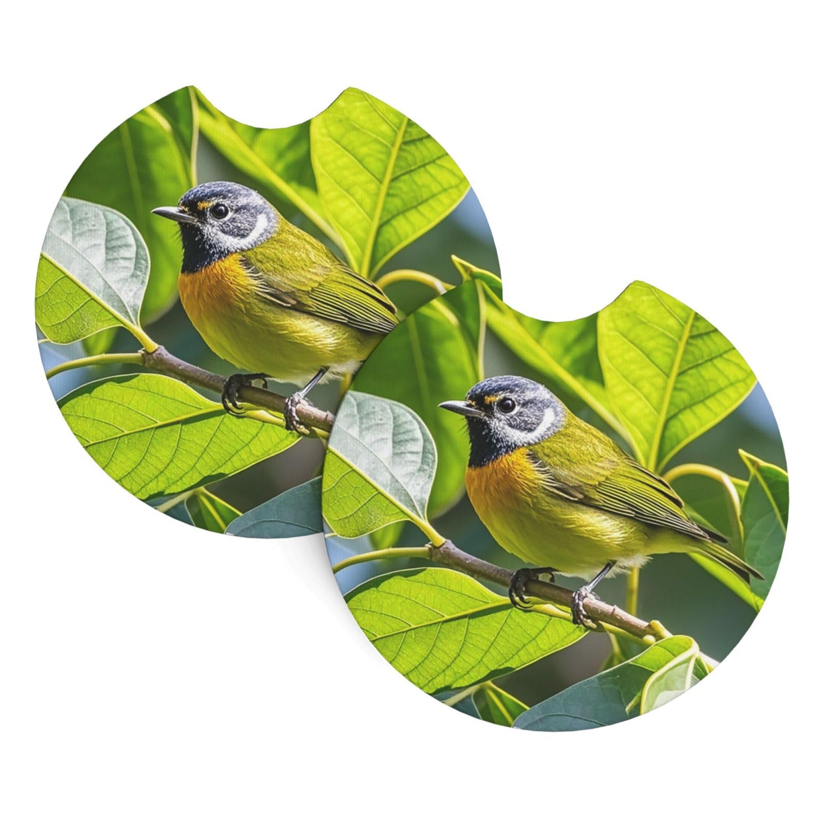 2 Pack Car Coaster for Cup Holders Green Leaves and Birds Car Cup Coaster 2.7" Neoprene Non-Slip Automotive Cup Mat Universal Auto Car Interior Accessories for Women Men Cup Pad