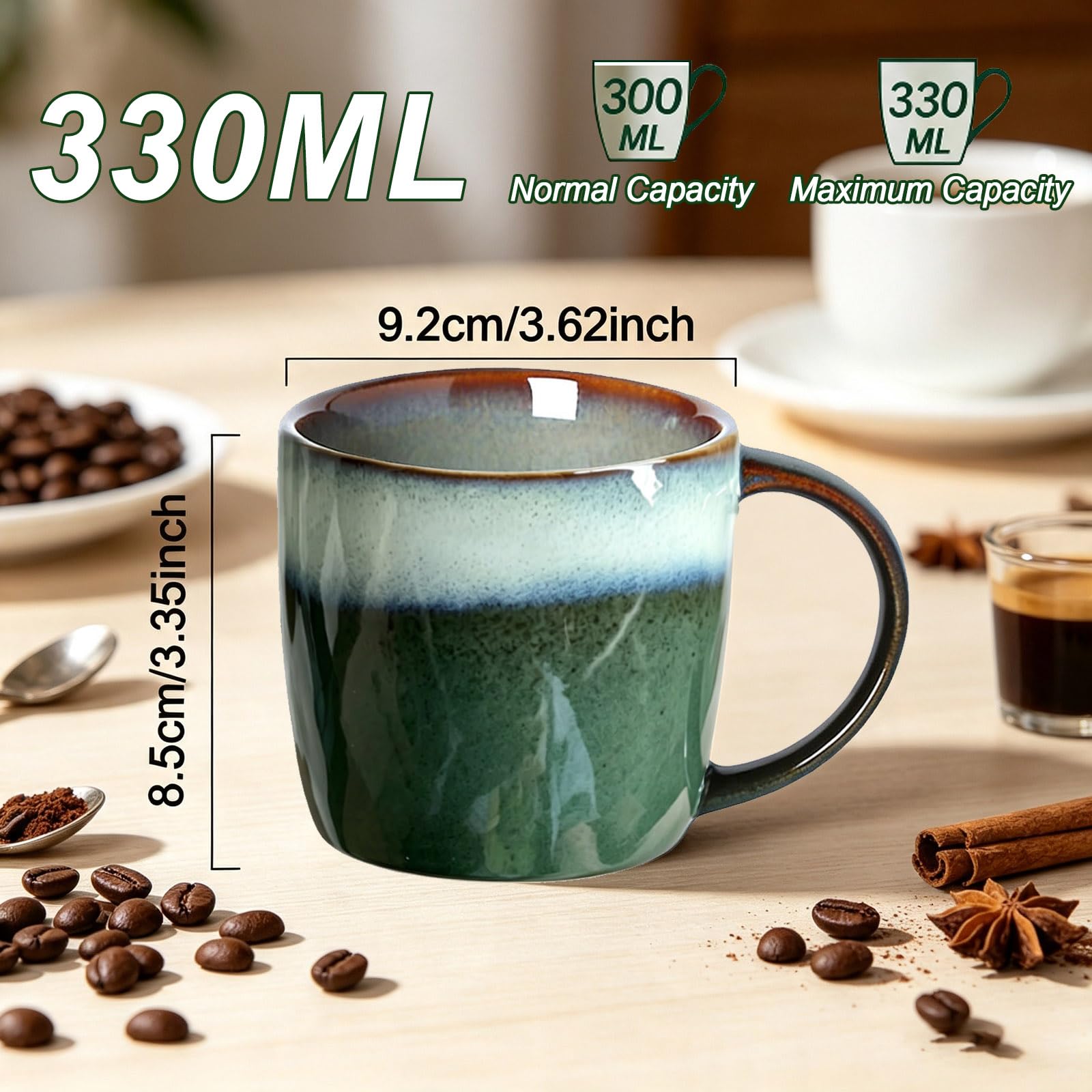 Juego de 4 tazas de café expreso de cerámica de 325 ml, aptas para lavavajillas y microondas, tazas de café expreso de 330 ml, tazas Demitasse esmaltadas especiales, tazas de gres con diseño graduado