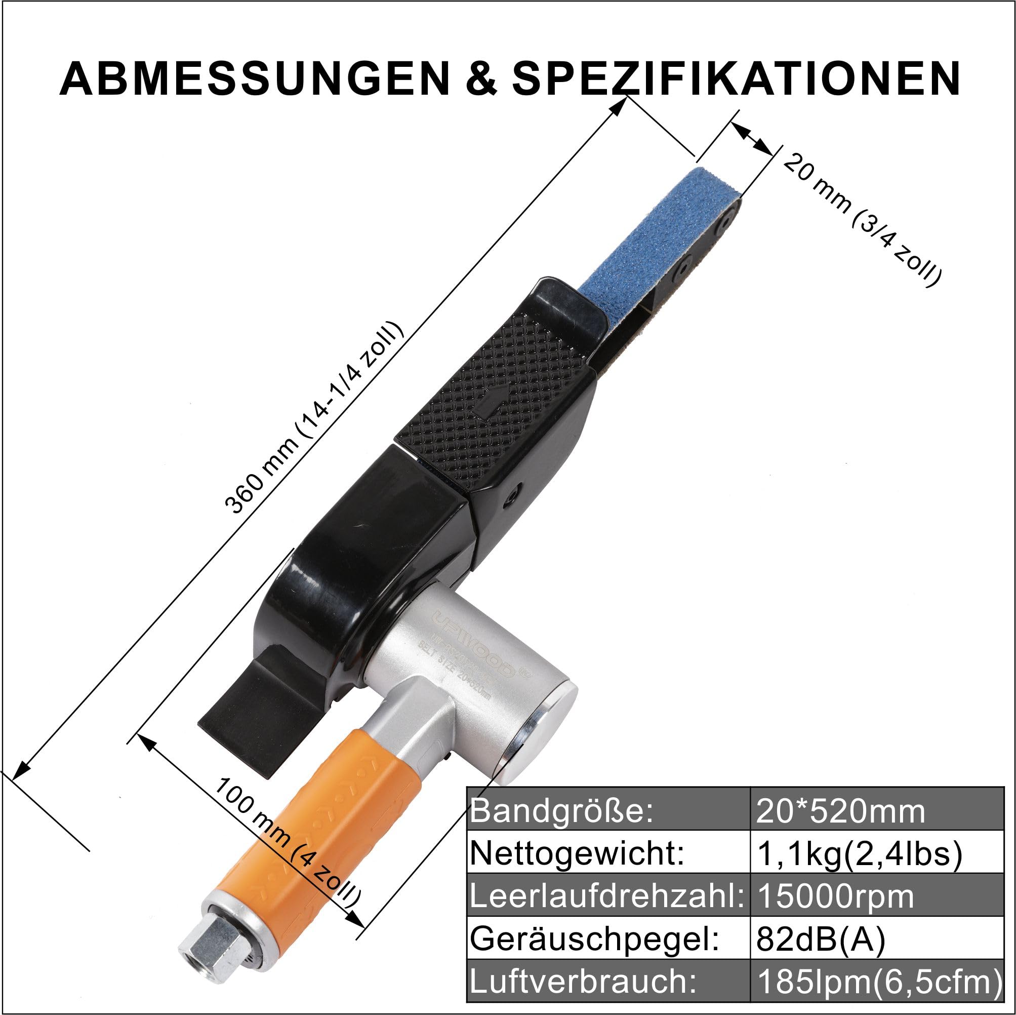 Luftbandschleifer, 20 x 520 mm, Riemengröße, pneumatisches Werkzeug mit 12 Riemen (#40, 60, 80 und #120), gut zum Entgraten, Schleifen und Finishing