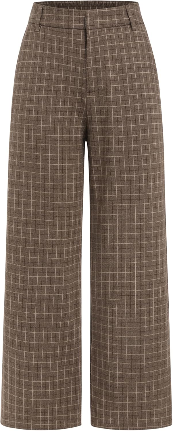 ZAFUL Womens Suit Pants Casual Plaid Elastic High Waist Wide Leg Stright Regular Fit Palazzo Dressy Trousers
