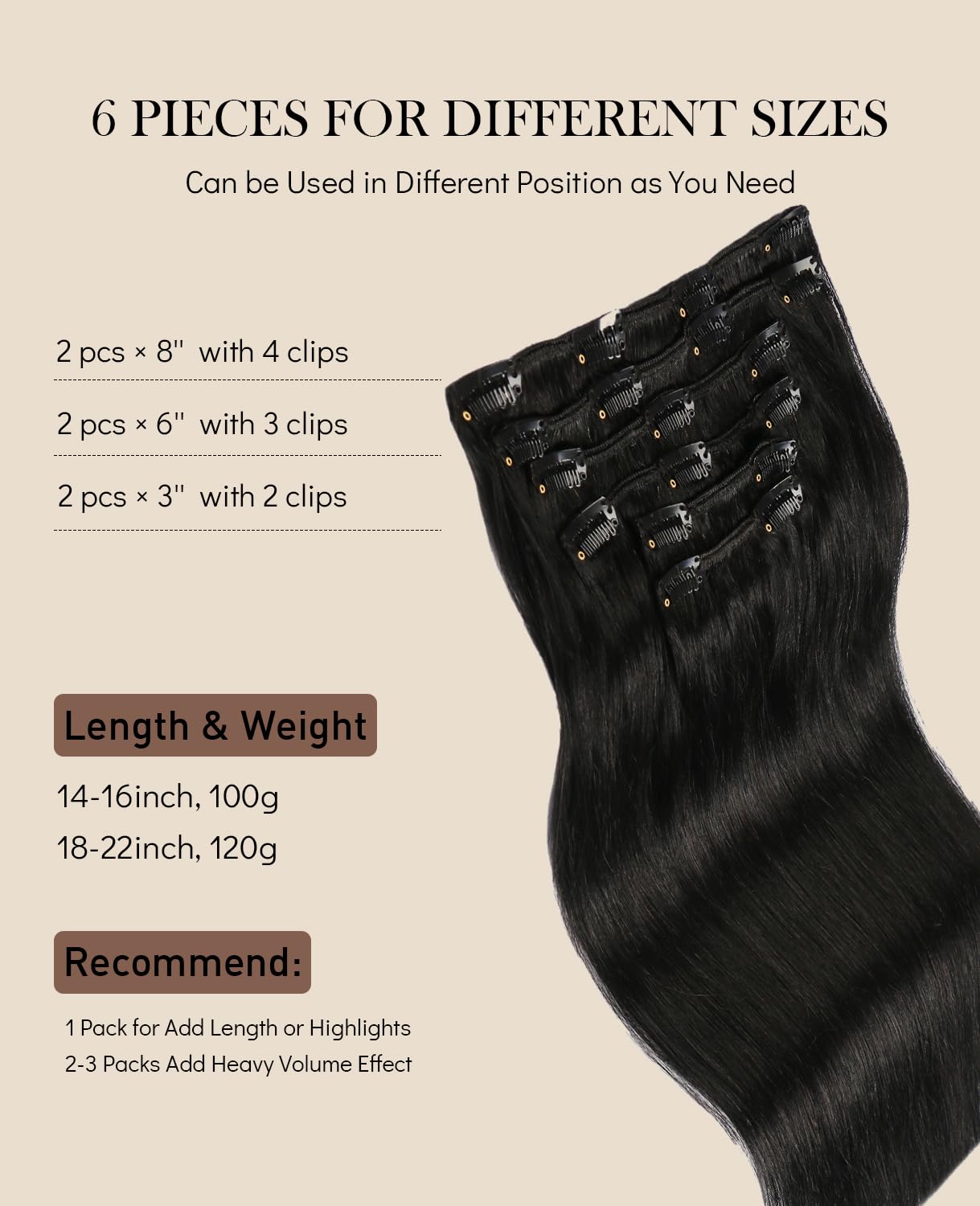VINBAO Extension de cheveux à clips #1 noir de jais 16 pouces/40cm 100g 6pcs clip extension de cheveux humains remy dans les cheveux humains raides doubles tirés pour les femmes(#1-16pouces)