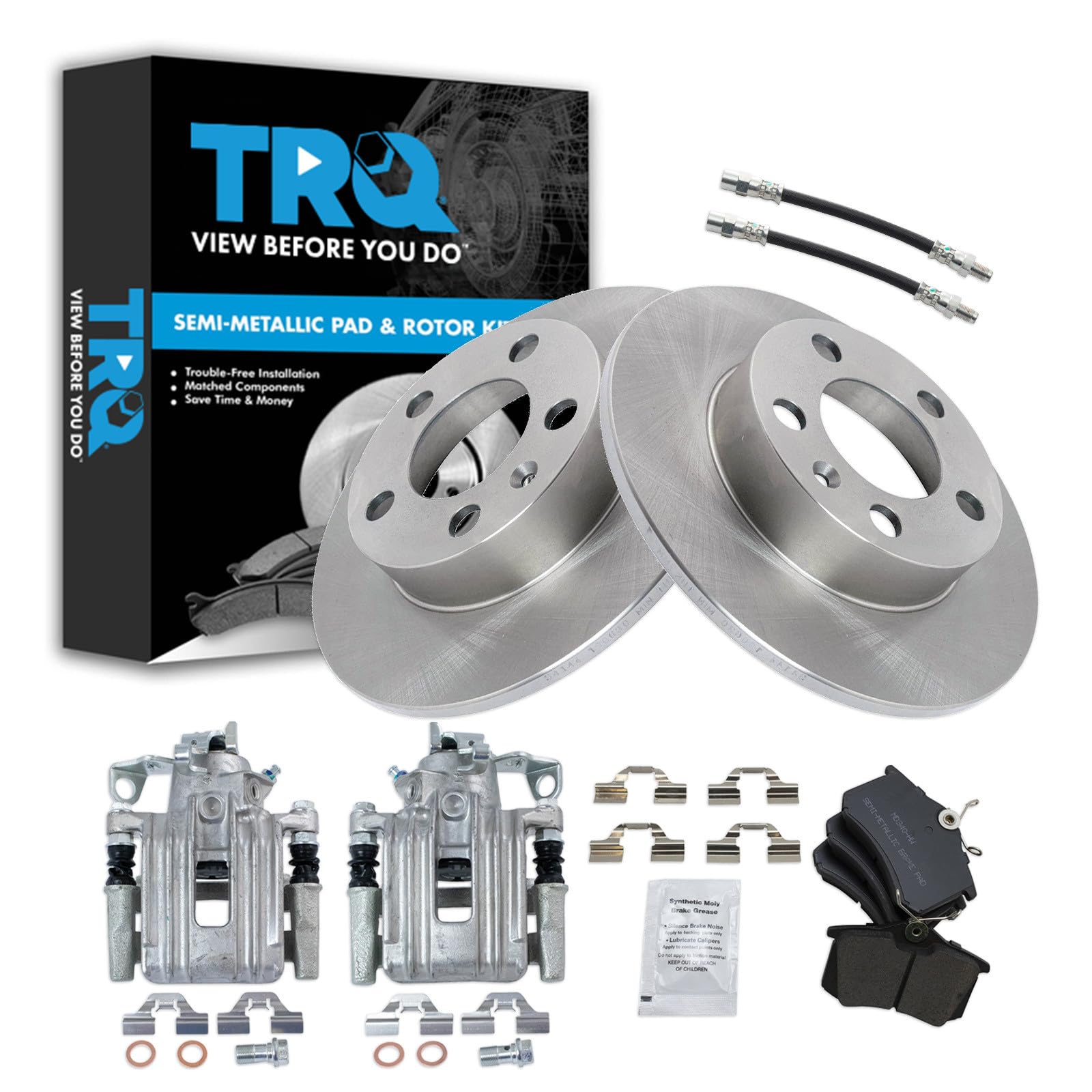 TRQ Rear Brake Pad and Rotor Set Semi Metallic Calipers Compatible with 1999 Volkswagen Jetta