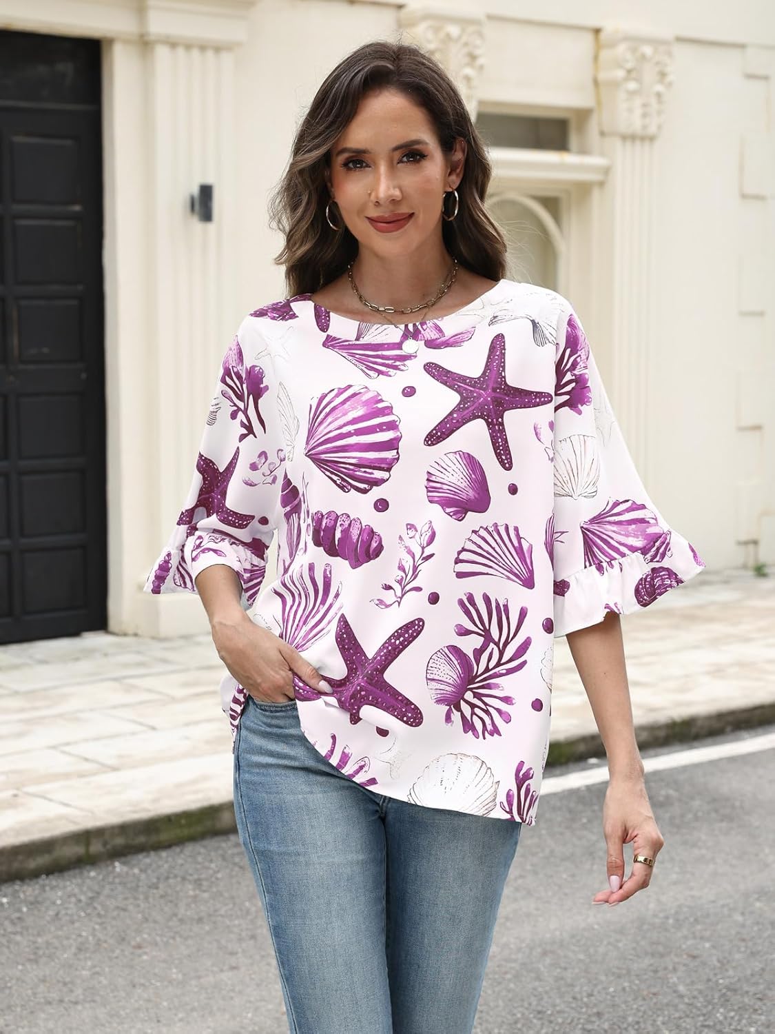 Ladies 3/4 Sleeve Tops Plus Size Womens Clothing Cute Summer Outfits for Women Travel Blouse Starfish Design - Image 2