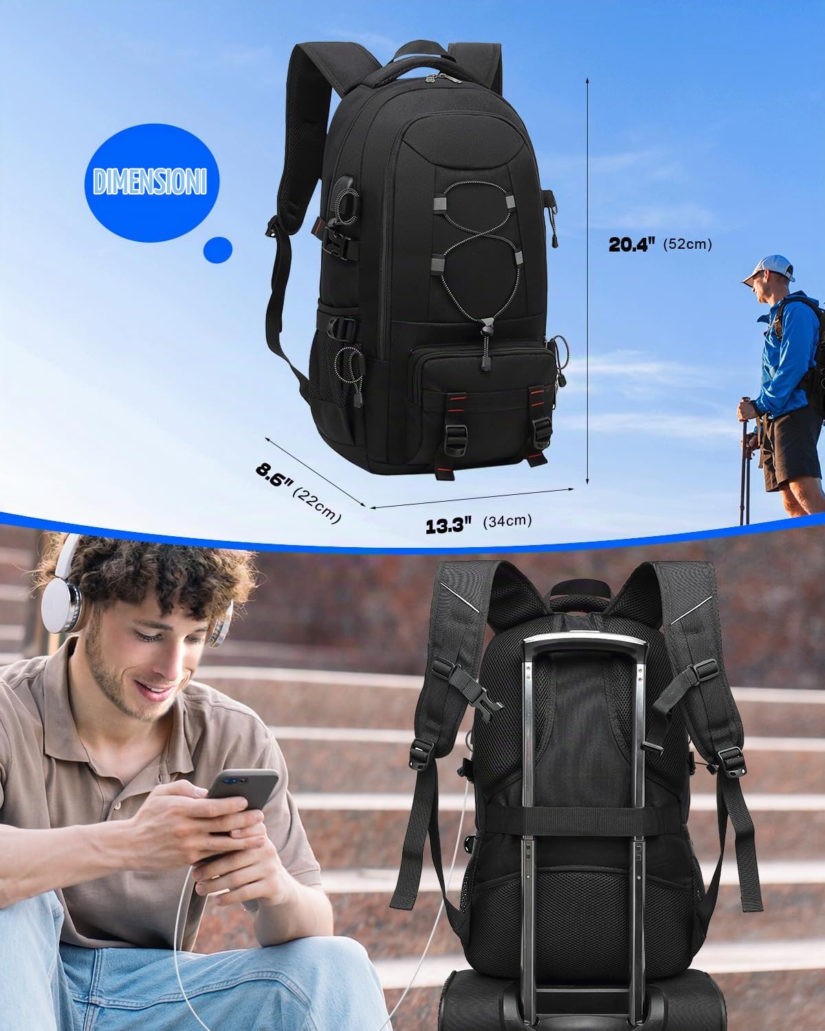 Besttravel Viaje - Zaino da escursionismo 45L per computer di grande capacità fino a 17,3 pollici Casual impermeabile e tasche multiple Campeggio, escursionismo, sport all'aria aperta Uomo, Negro, S