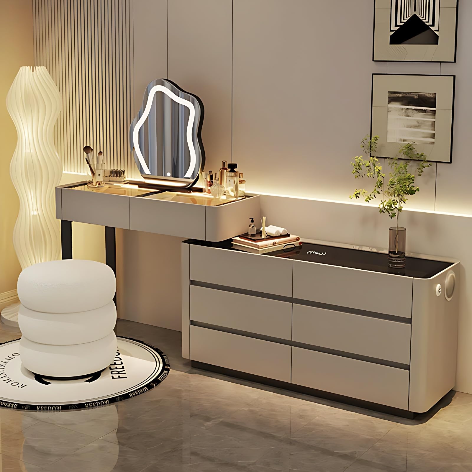 ZGNBSD Vanity Set with Drawers - Smart Vanity Table with Charging Station & Speaker | Solid Wood Luxury Bedroom Vanity | Includes LED Makeup Mirror