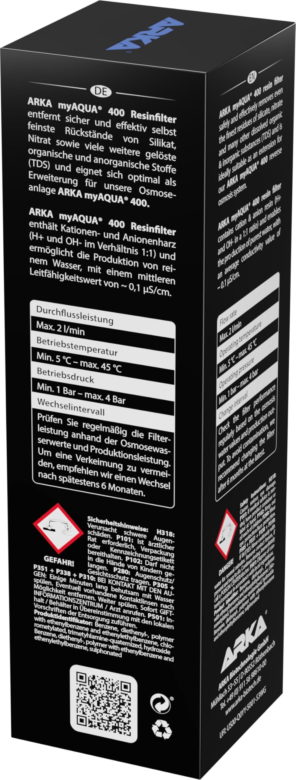 ARKA myAQUA 400 filtre à résine - élimine de manière sûre et efficace même les résidus les plus fins de silicate, de nitrate et d'autres substances organiques et inorganiques dissoutes (TDS) de l'eau