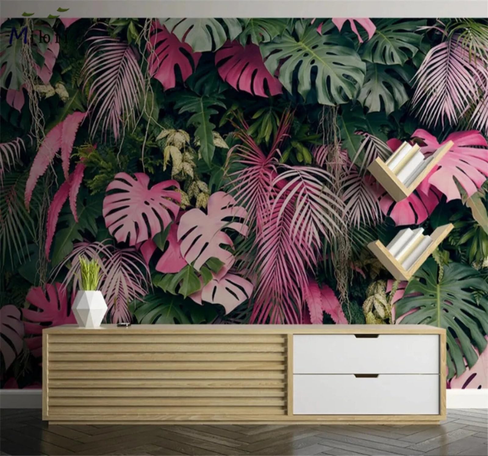 Tzxztt Ethereal Pink Green Tropical Plants Modern 3D Wallpaper Premium Textured Silk Neutral Tones Material Ideal for Living Room Bedroom-350cm×256cm