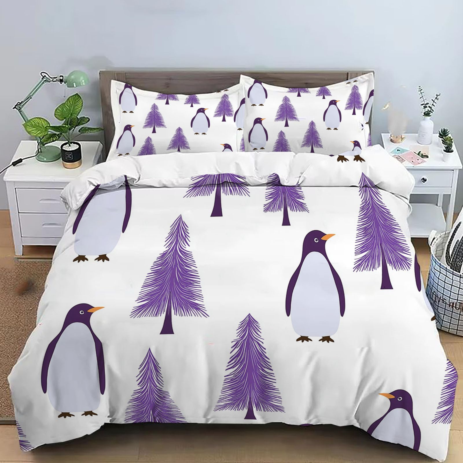 Housse de couette forêt pingouin réversible enfant violet blanc lit 2 personnes