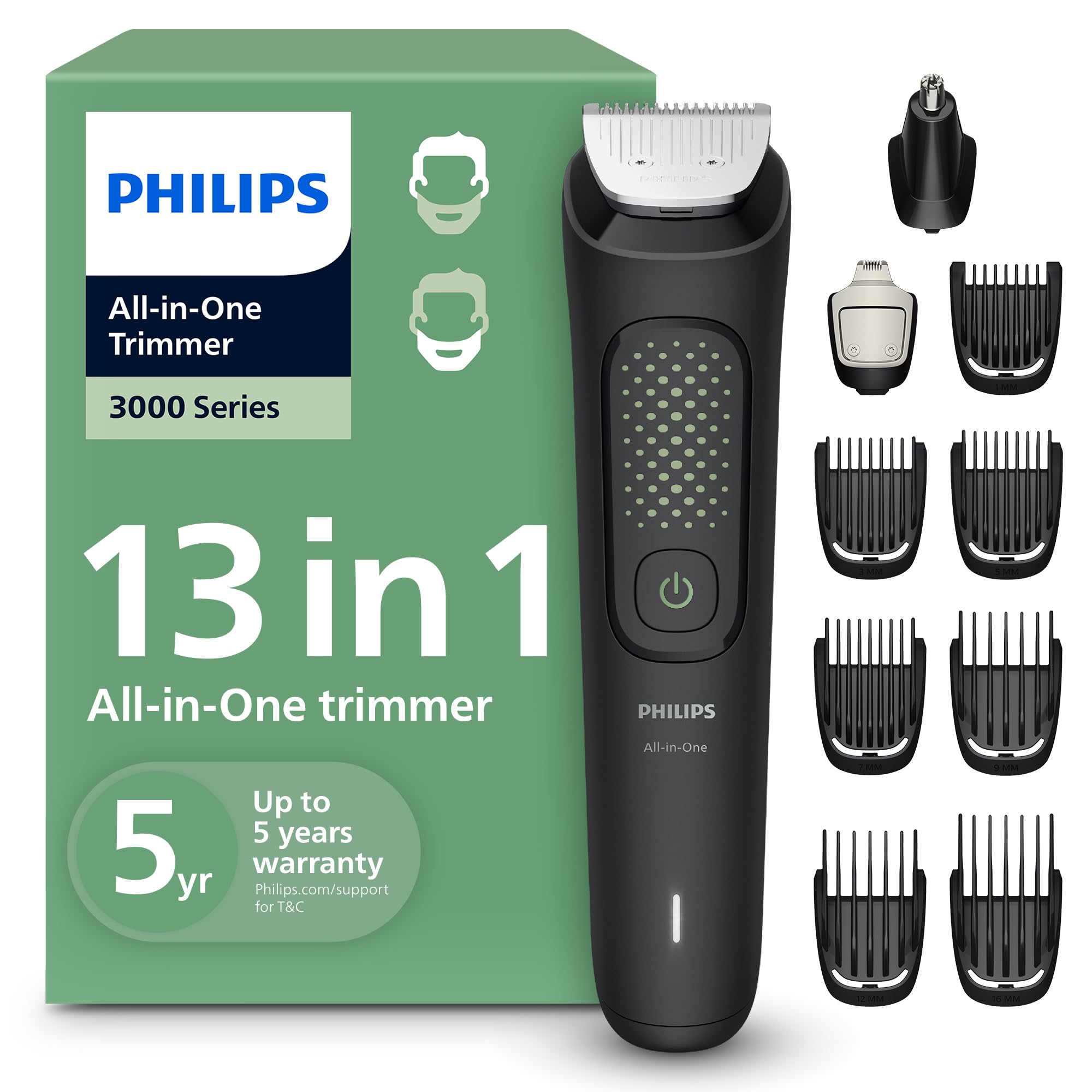 Philips Multigroom 3000 Series All-in-One 13-Piece Trimmer - Shaver and Clipper for Face Head & Details Self-sharpening Metal Blades 8 Length Settings Model MG3939/18
