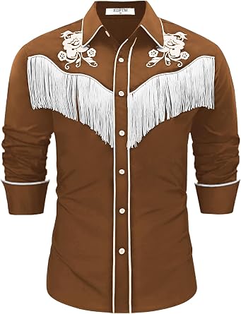 Mens Western Cowboy Fringe Shirts Long Sleeve Button Down Embroidered Vintage Casual Hippie Shirts