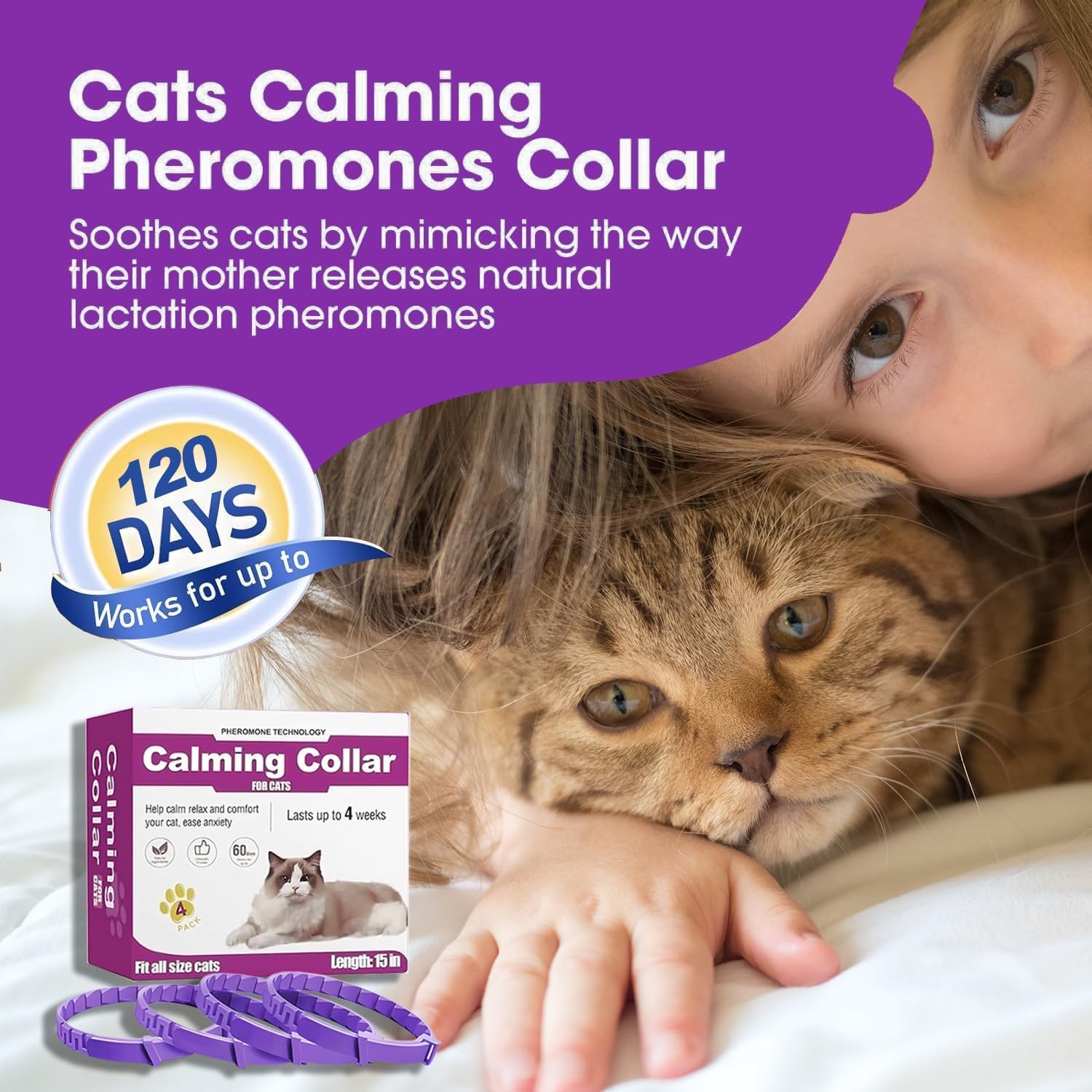 Cat Calming Collar, Calming Collar for Cats 4 Pack, Pheromone Collars for Cats – Adjustable 15″, 60-Day Lasting Stress & Anxiety Relief, Reduce Noise Fear, Scratching & Separation Anxiety (Pruple) - image 7