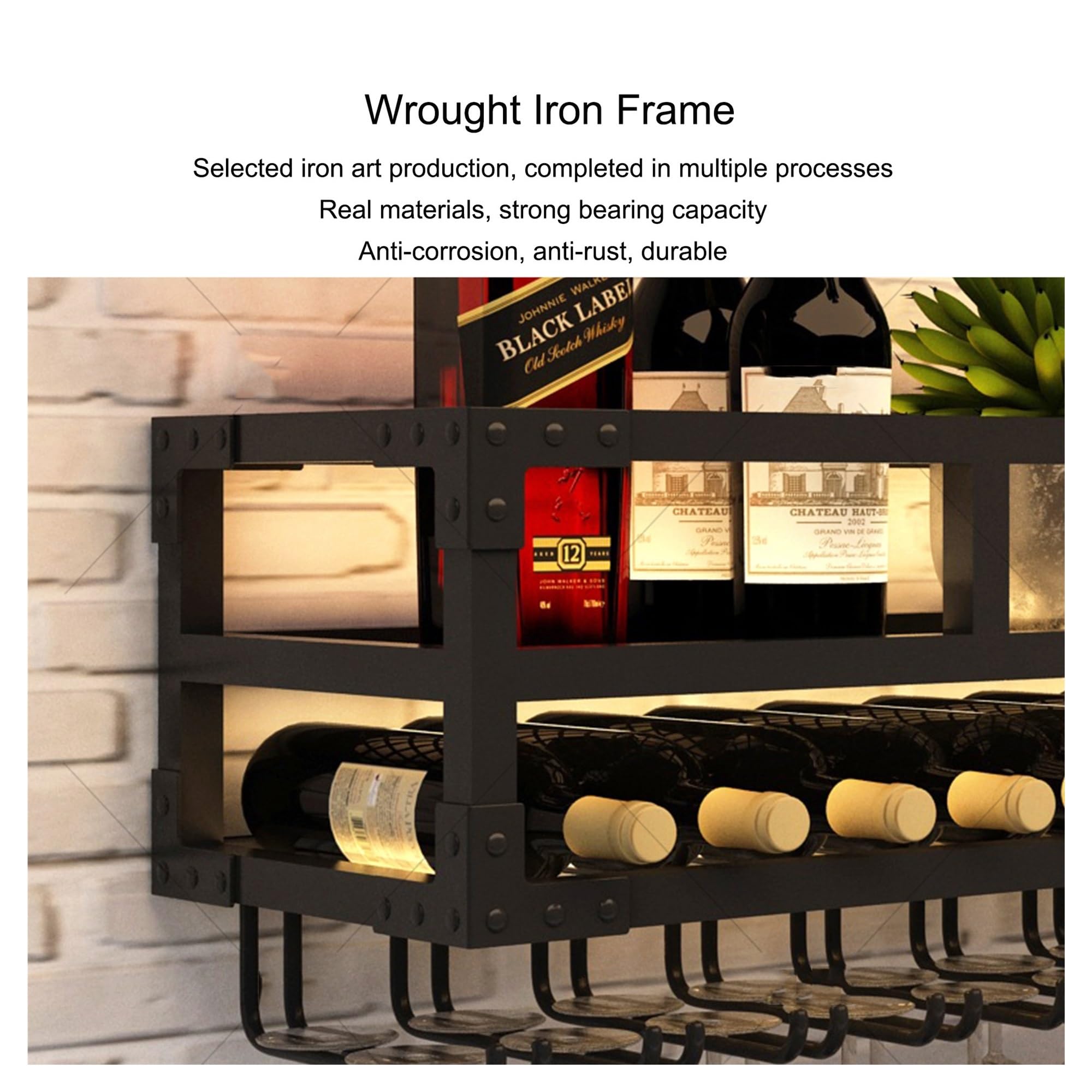 Botellero Vino Pared con Luz Mueble Bar Garrafeira Mini Bar Wine Rack Mueble Comedor Estanteria Cocina Pared con Soporte Copas Colgante para Bar Sala de Estar y Cocina(Black,DOUBLE LAYER_60*25CM)