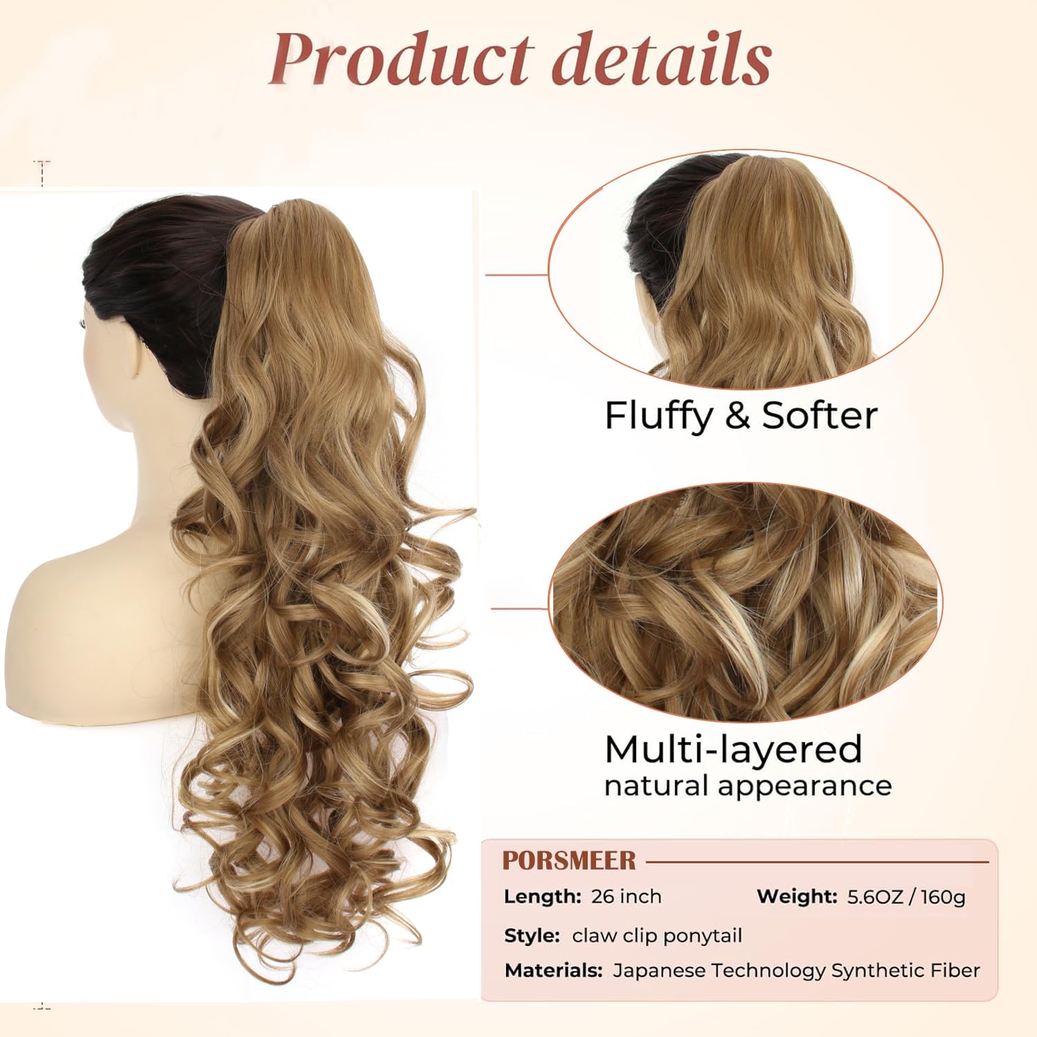 PORSMEER Ponytail Hair Extension Claw Clip in Ponytail Extensions Long Curly Wavy Ponytail Hair Extension Jaw Clip on Pony Tails Hairpiece for Women 26 inches (Medium Blonde with Blonde Highlights) - Image 4