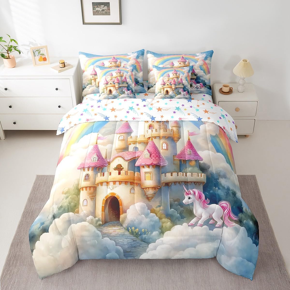 Princess Castle 7 Pieces Bedding Set Full,Dreamy Fairy Tale Watercolor Rainbow Sky Bed in a Bag for Young,Cartoon Unicorn Fantasy Animal Girly Comforter Set with Sheets,Pillow Covers