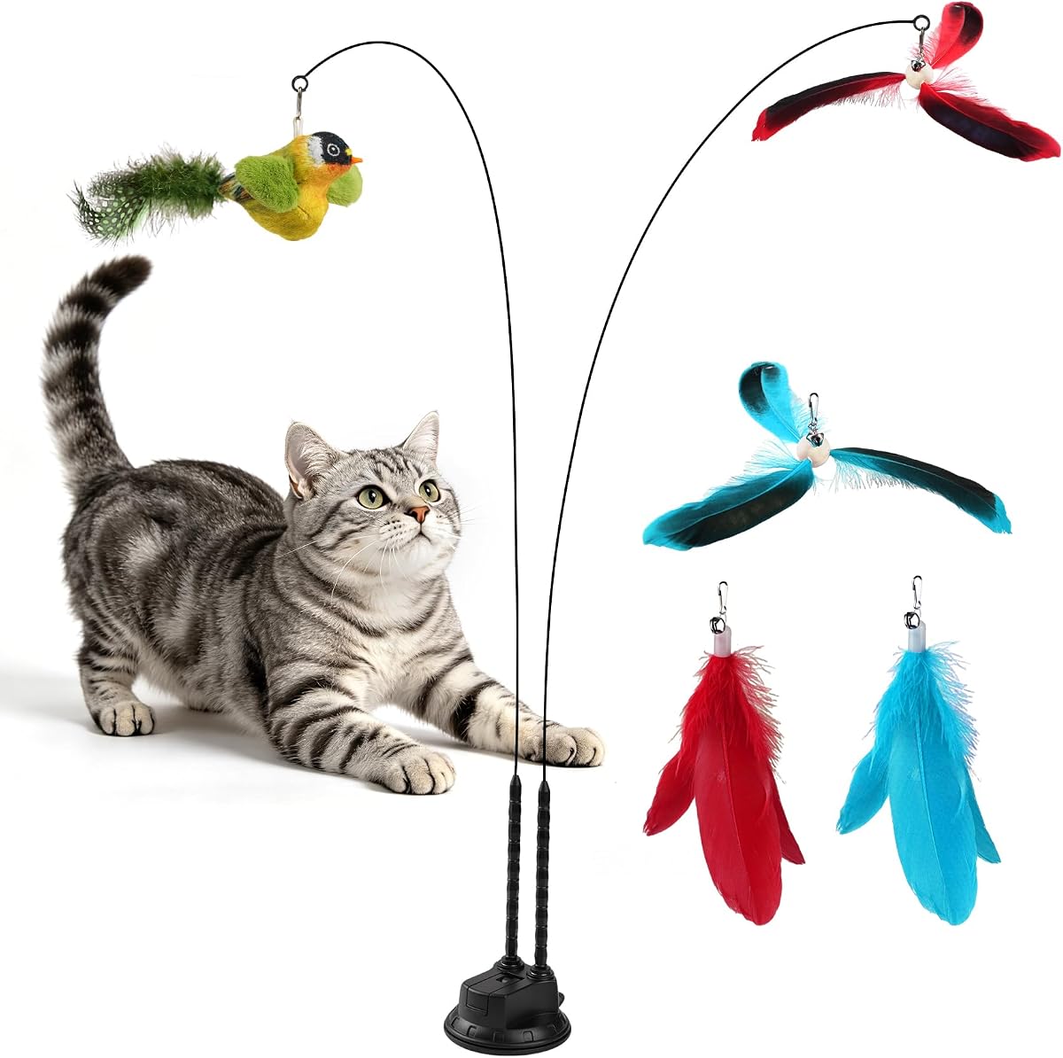 Interactive Suction Cup Cat Teaser Wand, Cat Toy with Simulated Bird & Spinning Feather Attachments, Strong Suction Base & Long Steel Wire for Kitten Self-Entertainment (Detachable)