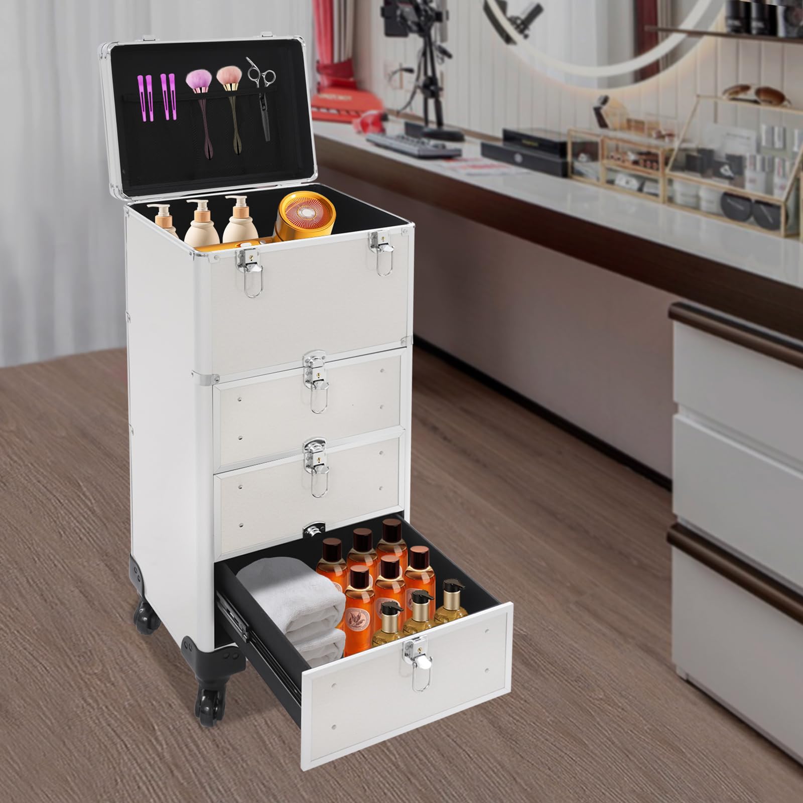 Valigetta cosmetica arrotolabile per trucchi da salone, professionale, organizer per cosmetici, trolley per trucchi, grande valigetta da parrucchiere, 107 x 34 x 27 cm, con cassetti, ruote girevoli a