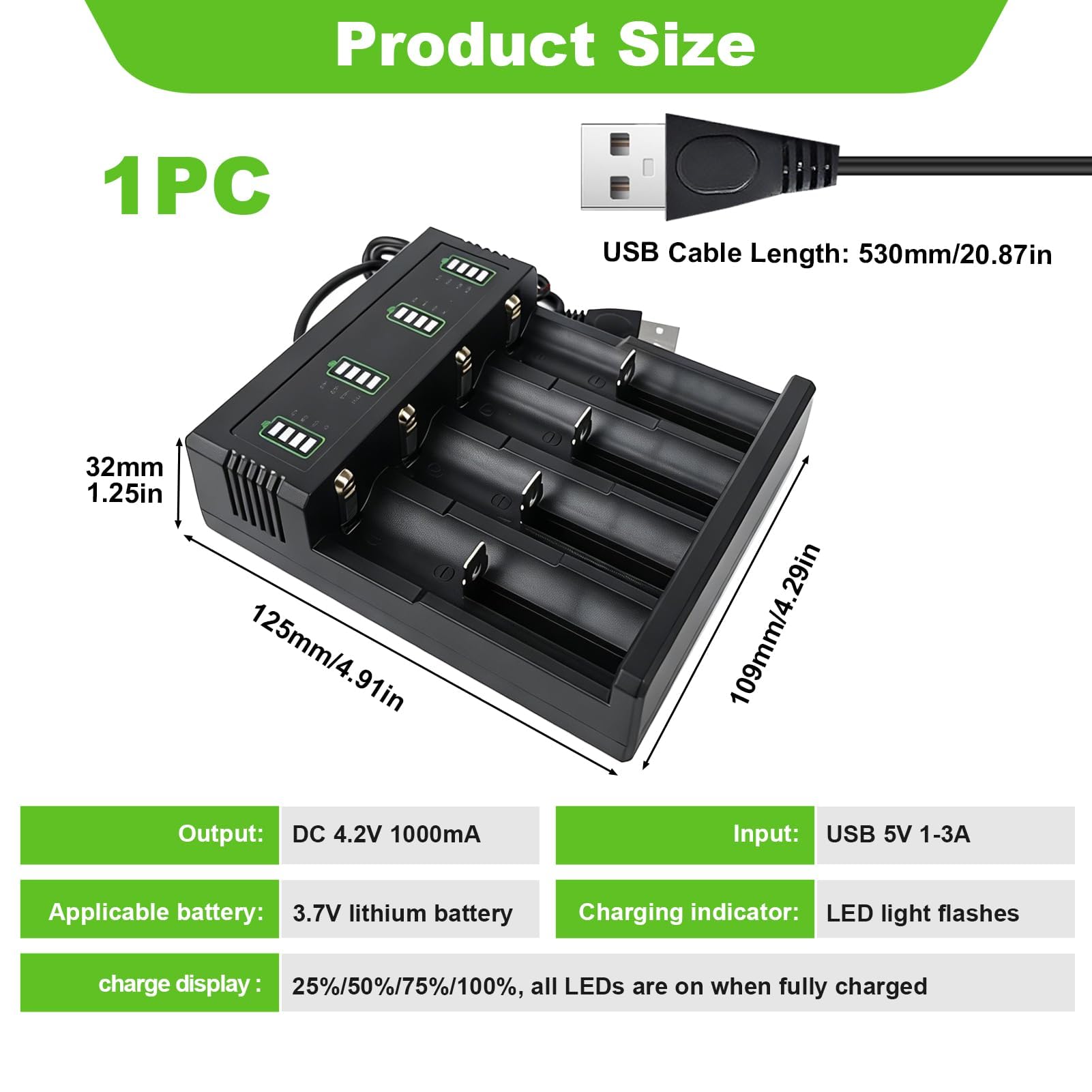 Cargador de Batería para 18650 10440 14500 16340 26650 26700 21700, 4 Ranuras Cargador Universal de Carga Rápida Recargables con Indicadora LED para 3.7V Li-Ion Batería, 53cm Cable USB — view 3
