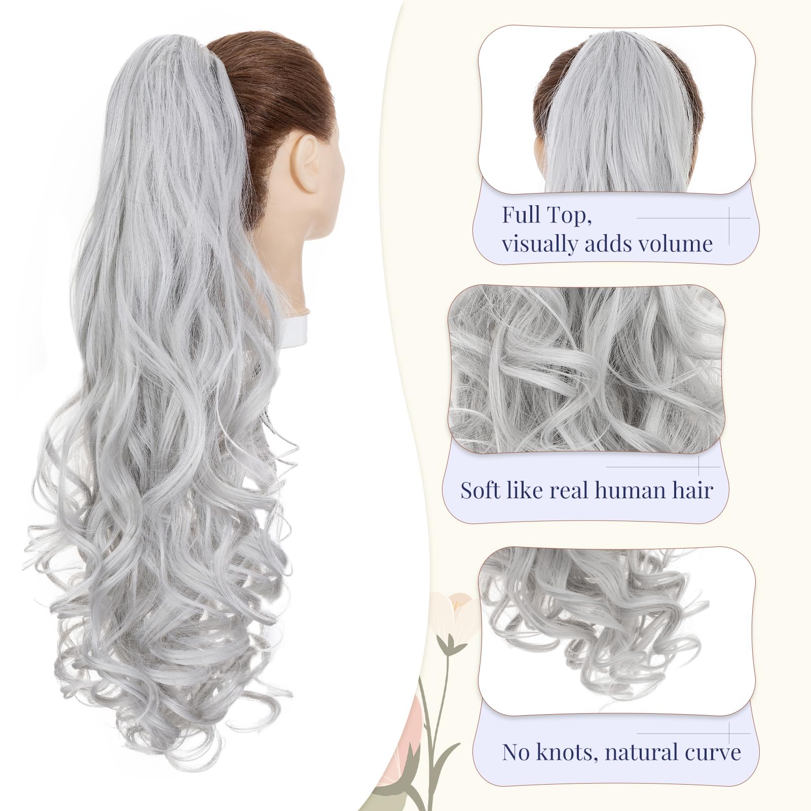 TESS 24'' Curly Ponytail Extensions, 210g Claw in Long Ponytail, Hair Pieces for Women Silver Grey, 24 Inch (curly) - Image 3