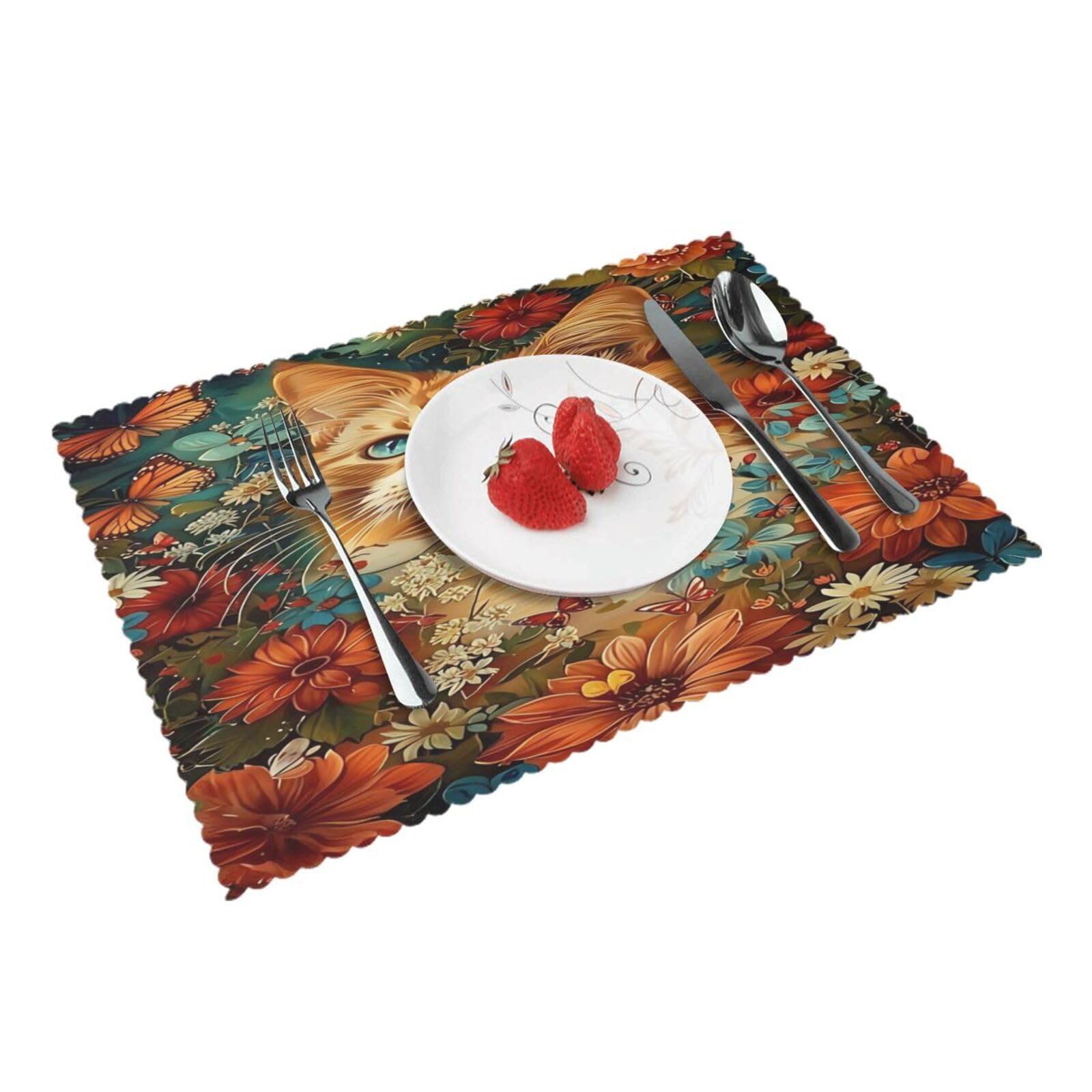 Floral Cat Butterfly(1) Placemats Set of 4 Print Table Mats Place Mats Table Decor for Kitchen Dining 12X18 in
