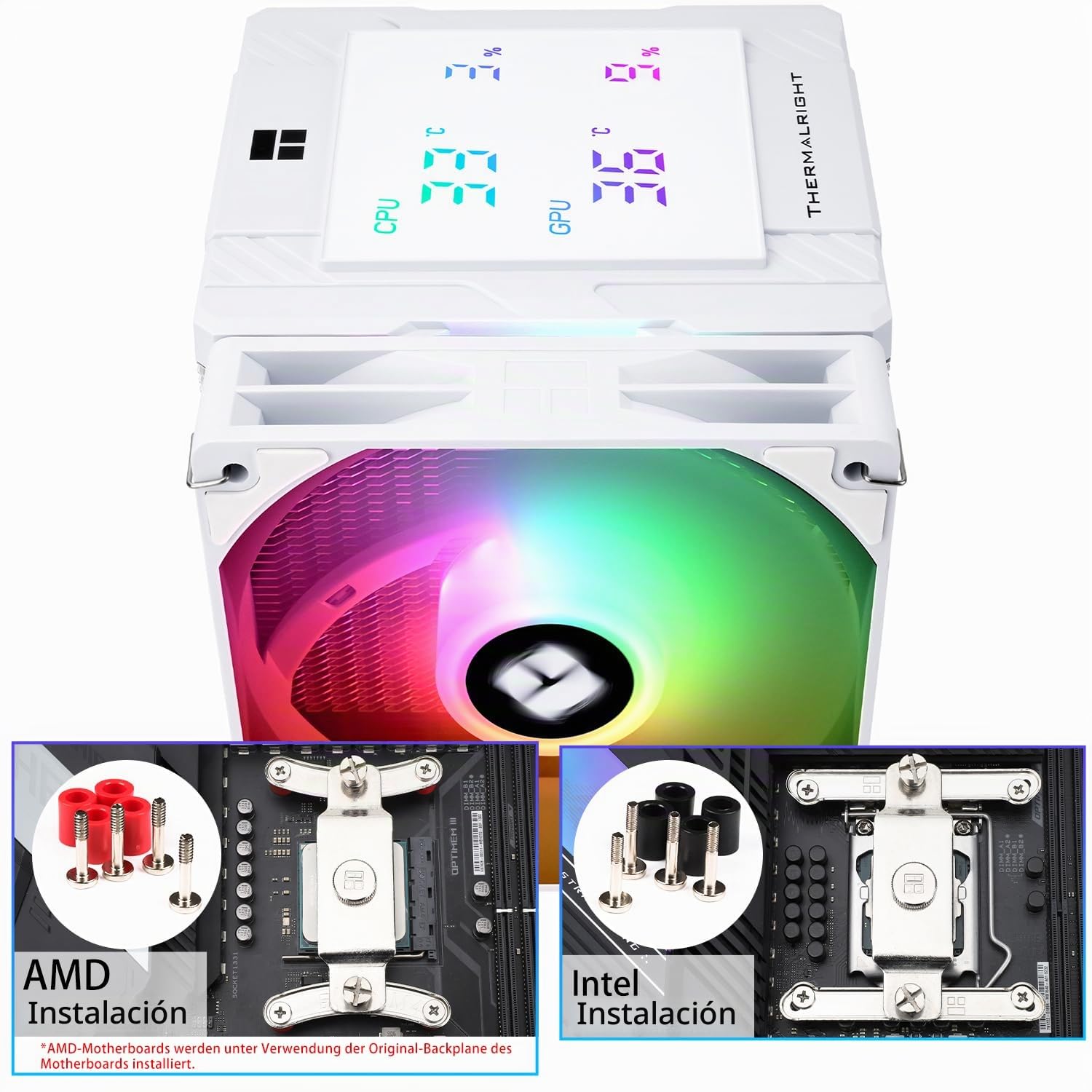 TR-Thermalright Peerless Assassin 120 Digital ARGB Blanco Enfriador de CPU, Doble Torre con 6 Heatpipes, Ventiladores Dual PWM de 1850RPM, Panel de Visualización Digital en la Cubierta Superior