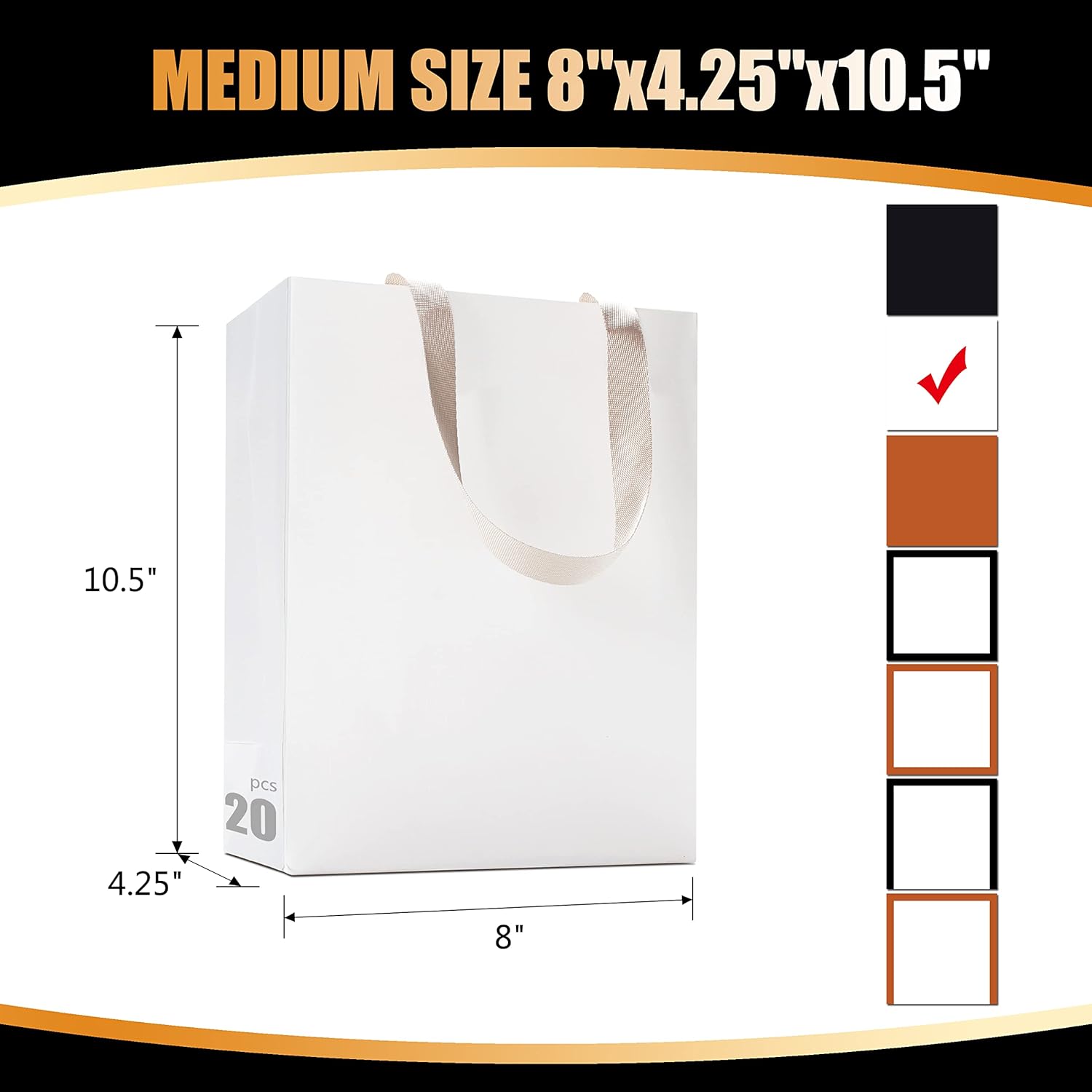 YACEYACE White Gift Bags with Tissue Paper, 20Pcs 8"x4.25"x10.5" Medium Size Gift Bags with Handles, White Paper Bag for Party,Wedding,Birthday,Retail,Baby Shower,Merchandises