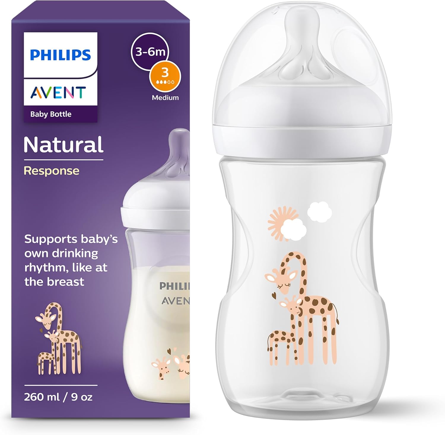 Philips Avent Natural Response Baby Bottle – 260ml Baby Milk Bottle, BPA Free for Babies 1 Month+, Giraffe Pattern (Model SCY903/66)