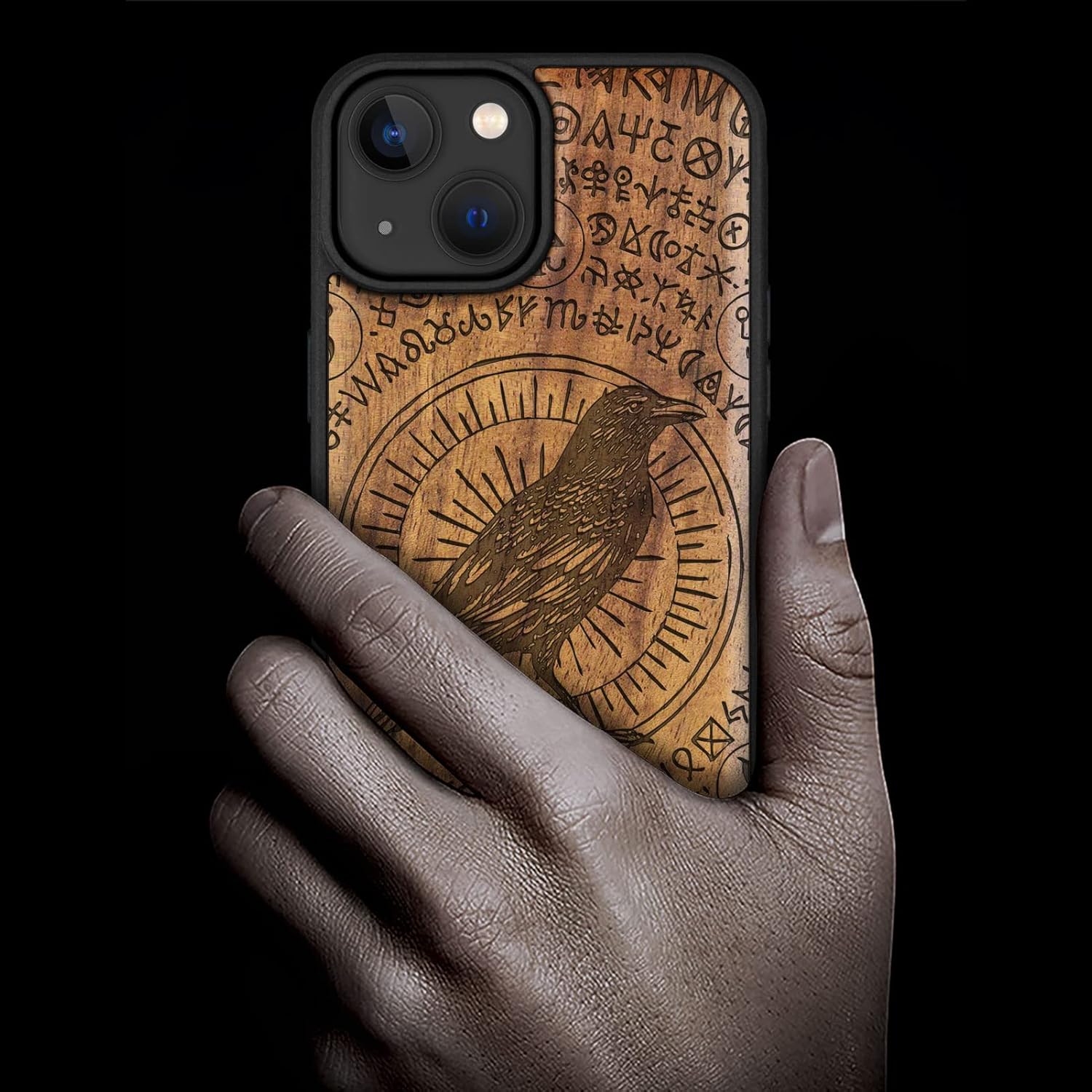 Carveit Magnetic Wood Case for iPhone 14 Case [Natural Wood & Black Soft TPU] Unique & Classy Wooden Shockproof Protective Cover Compatible with magsafe (Witchcraft Raven -Walnut)