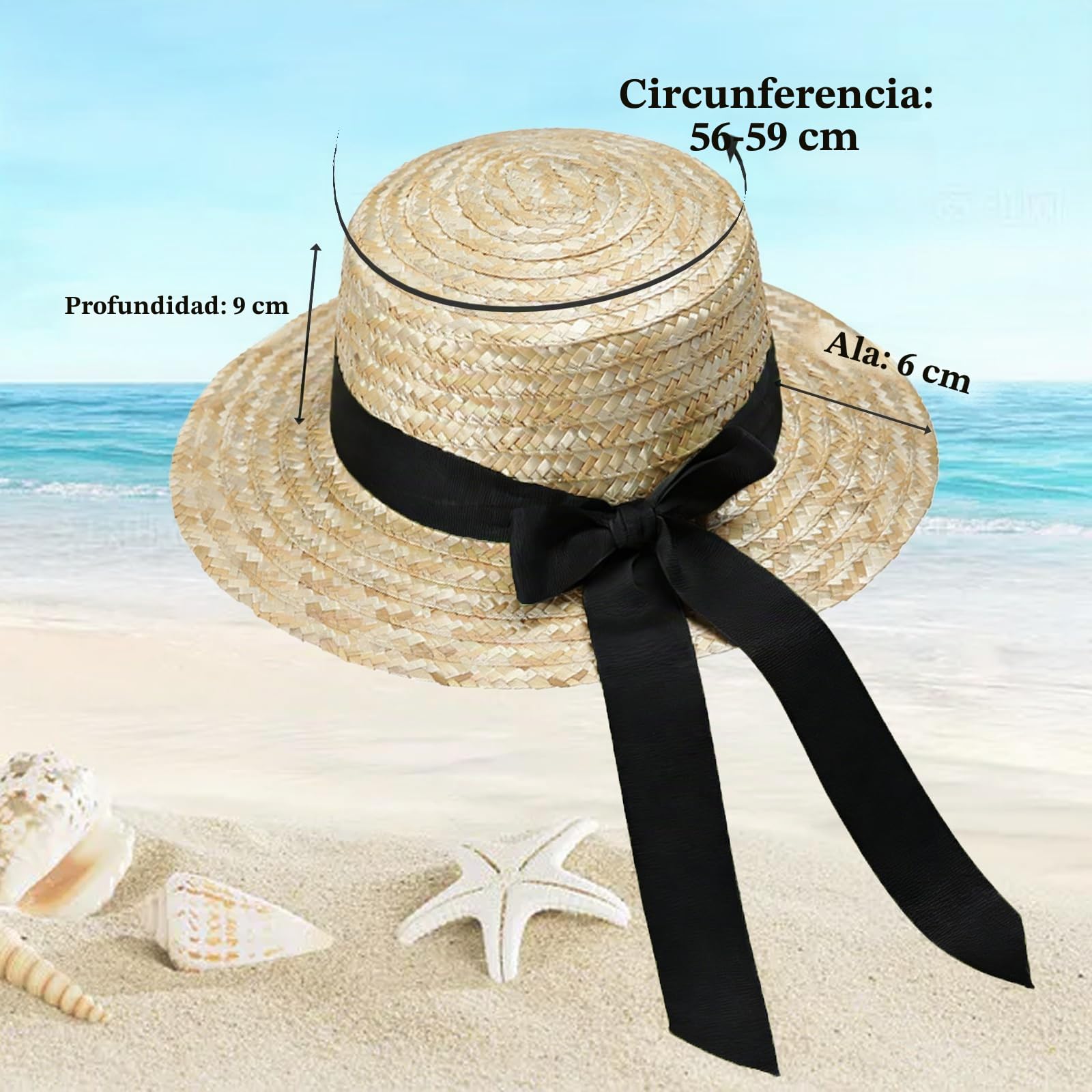 Sombrero de paja para mujer, paja de trigo con lazo decorativo, sombrero para el sol con protección UV 50+ para playa, vacaciones y verano
