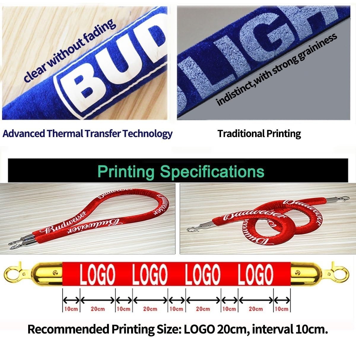 Apricot Velvet Stanchion Rope, Grey Crowd Control Rope Barrier for Stanchion Posts Queue Pole, with Gold/Silver Clasps, for Theaters Grand Openings Customizable(Blue-Gold,11ft/335cm)