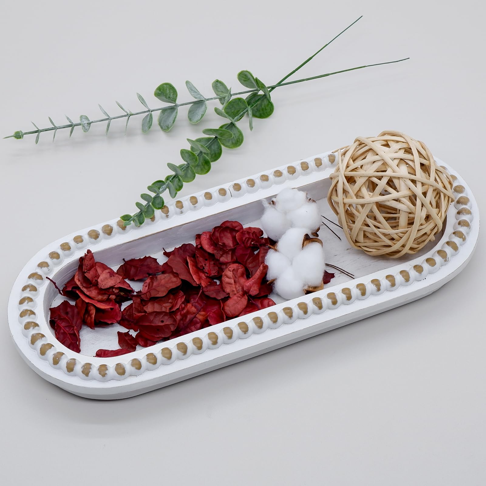 TOOLTENG Wood Serving Tray, Wooden Bead Decorative Tray, White Washed Coffee Table Tray for Ottoman, Rustic Distressed Decor for Home, Kitchen, Farmhouse (White)