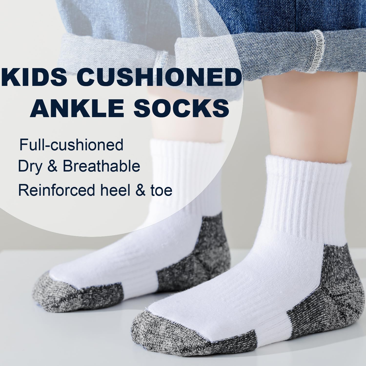 EPEIUS Kids Boys/Girls' Cushioned Socks Thick Cotton Quarter Athletic Running Socks Ankle Sports 6 Pack 10-14 Years,White/Black