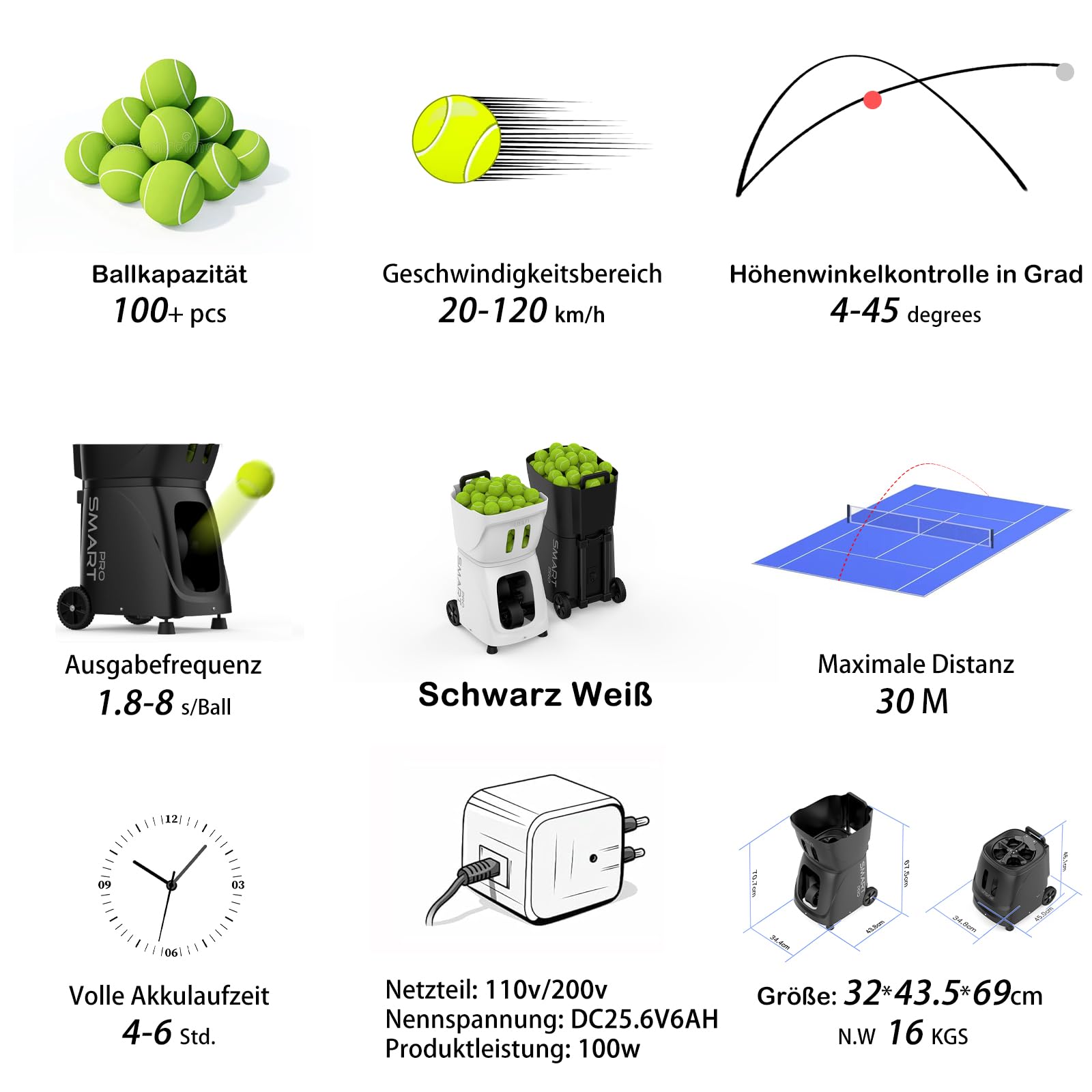 PUSUN PT-SMART Pro Tennisballmaschine - Premium Trainingsgerät mit APP-Steuerung (App für Apple Watch), 20 Landepunkte & 12 Modi, Tennis Trainer (4-6 Std. Laufzeit)
