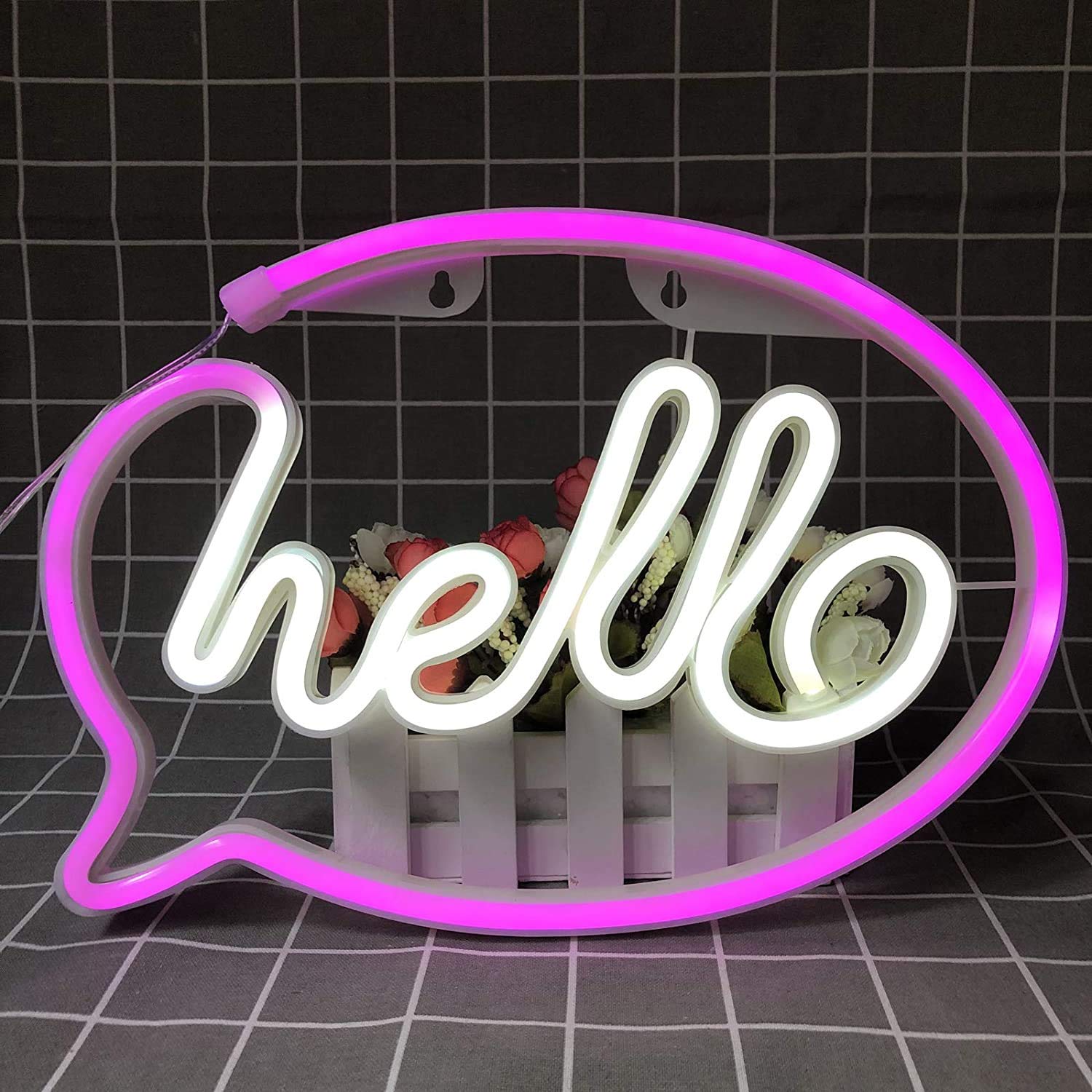 Hello Neon Signs, Sundecor USB Charging/Battery LED Neon Decorative Lights Neon Sign Decor Light Art Wall Decor Neon Light for Kids Room,Bar, Christmas, Birthday, Wedding Party Supplies (White & Pink)